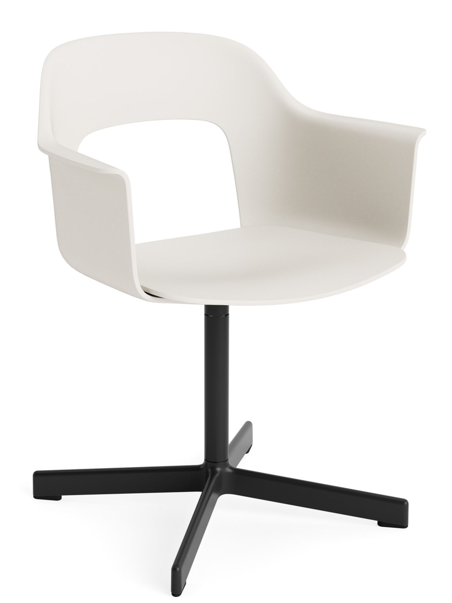 Weißer Layout Armchair 231 Armlehnstuhl von Hay mit schwarzem Drehfuß, moderner Bürostuhl für stilvolles Arbeiten.