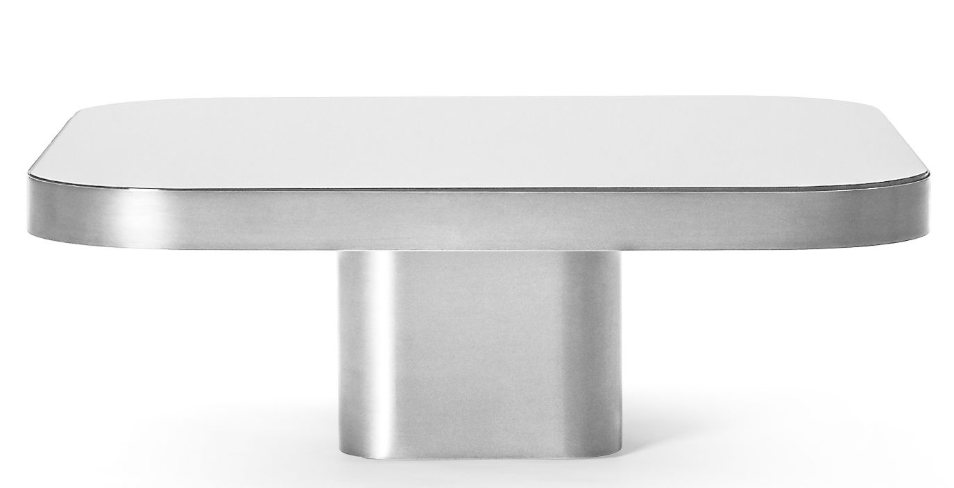 ClassiCon Bow Coffee Table No. 2 mit weißer Tischplatte und gebürstetem Edelstahlfuß, moderne Möbel.