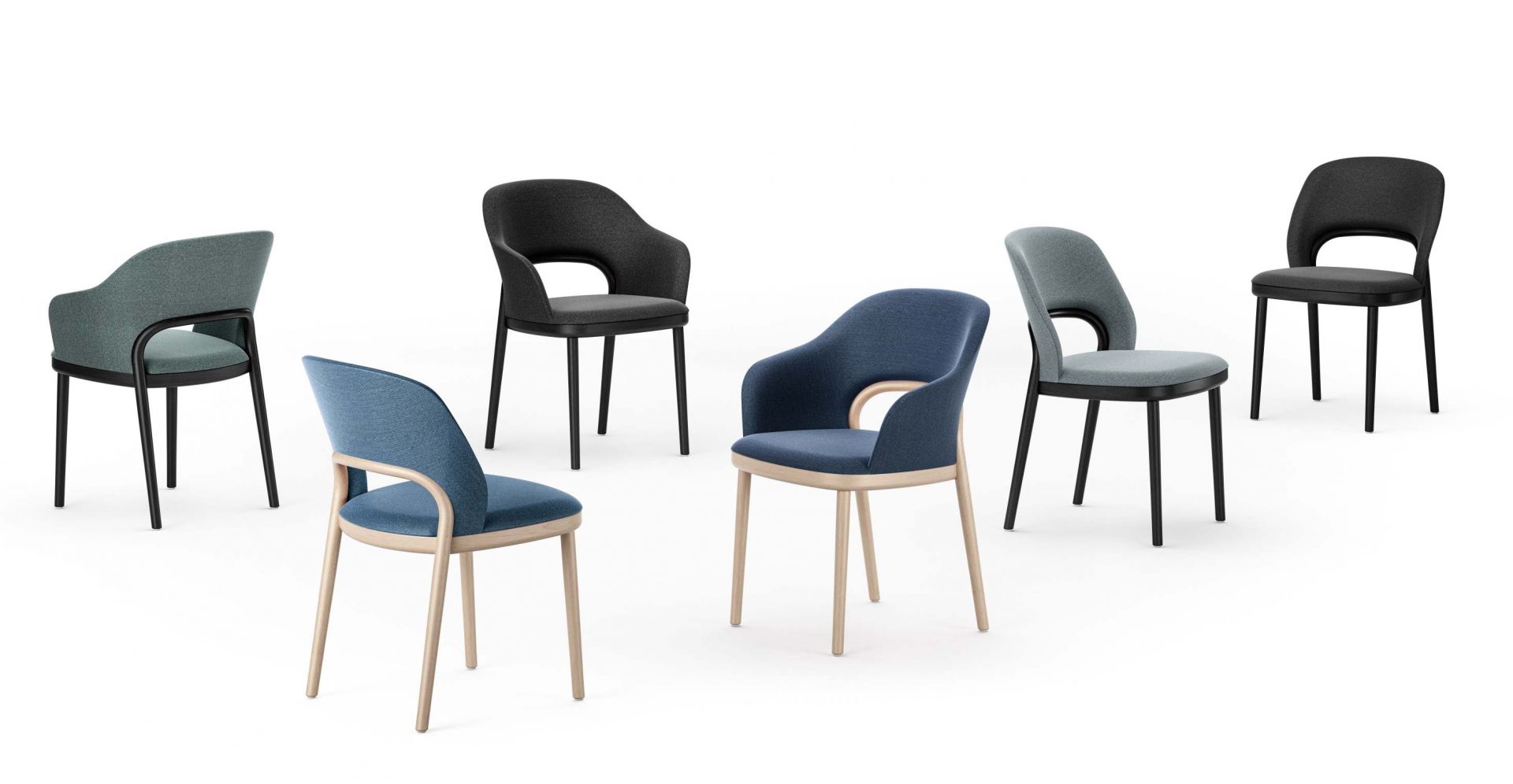 Mehrere 520 PF Thonet Polsterstühle in verschiedenen Farben und Gestellvarianten auf weißem Hintergrund. Moderner Armlehnstuhl für Esszimmer und Wohnbereich.