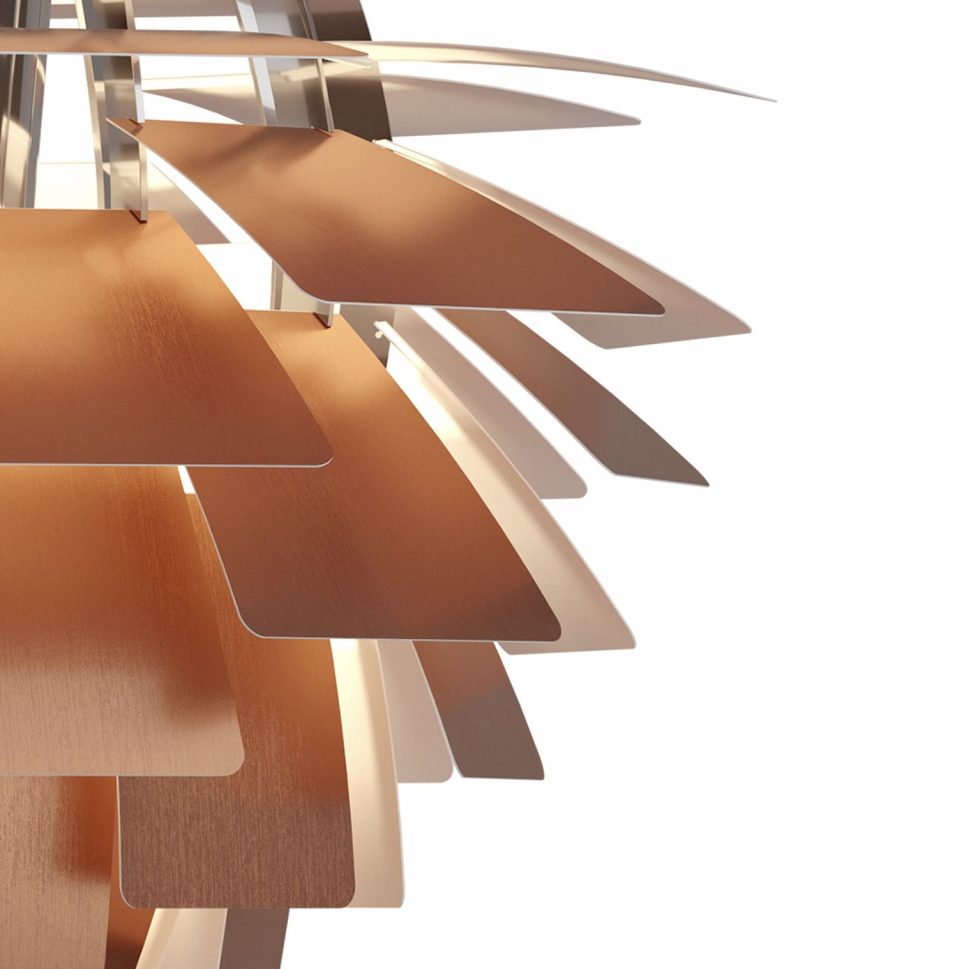 Detailaufnahme der PH Artichoke Pendelleuchte von Louis Poulsen in Kupfer, modernes Design für Wohnraumbeleuchtung.