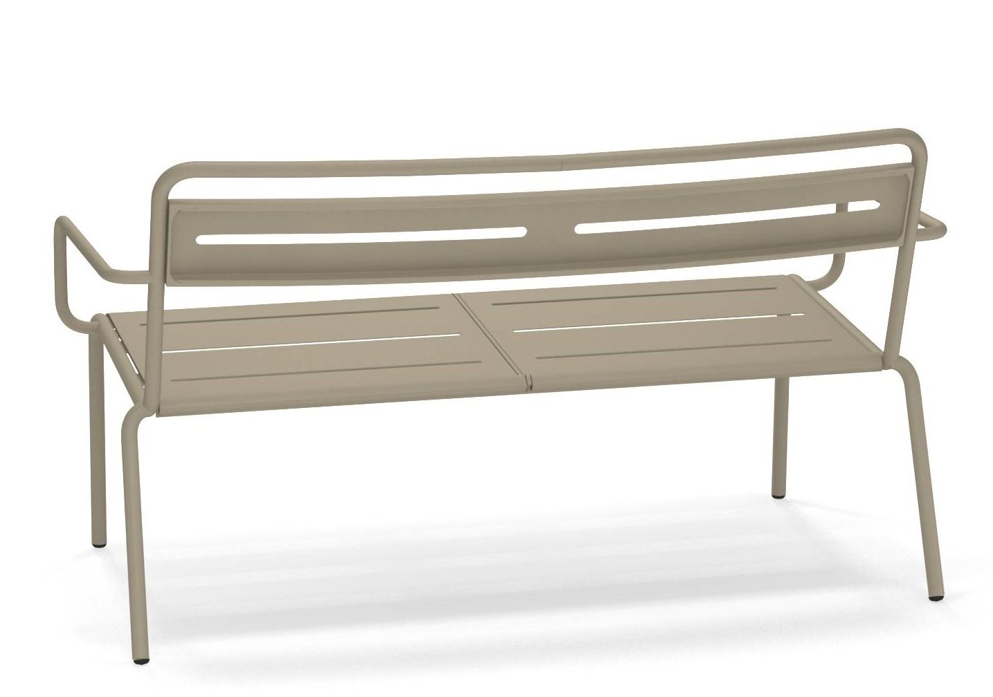 Emu Star Sofa Outdoor, moderne Gartenbank aus beigem Metall mit Armlehnen und Lattenmuster.