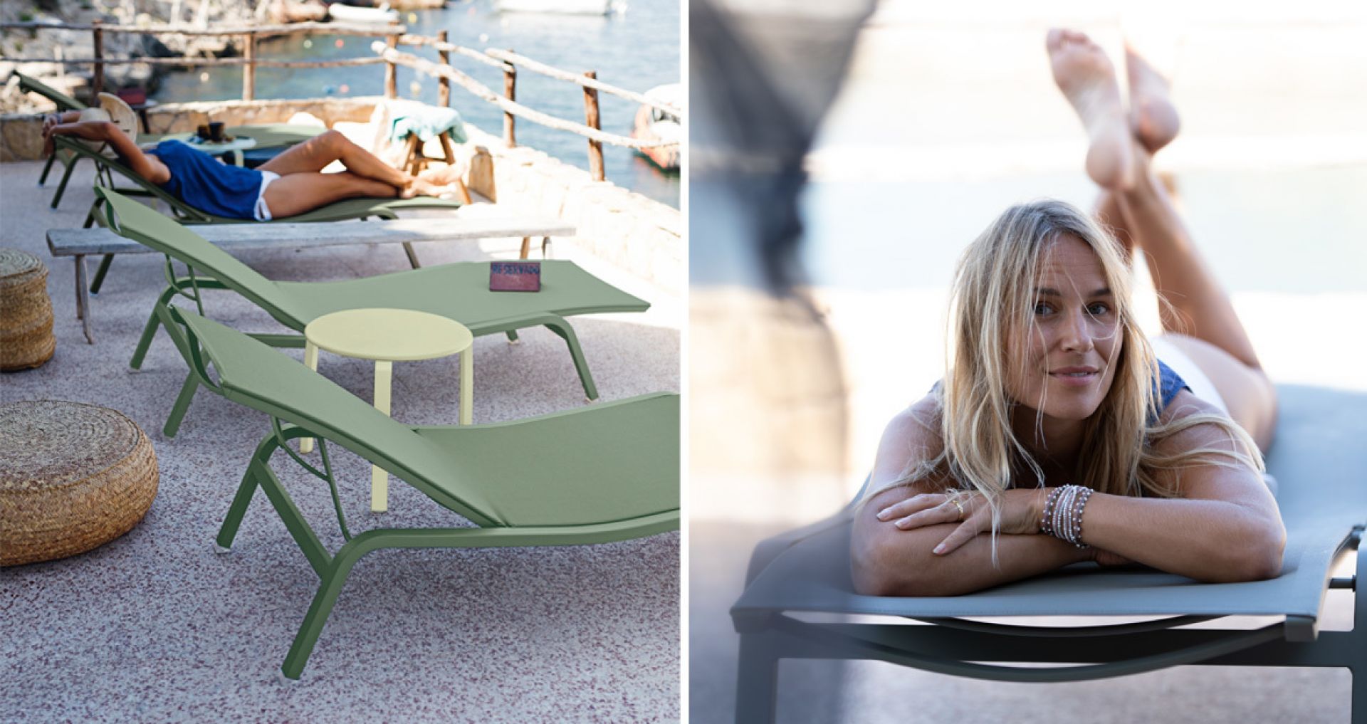 Alizé Sonnenliege XS von Fermob in Grün, mit entspannenden Personen am Pool.