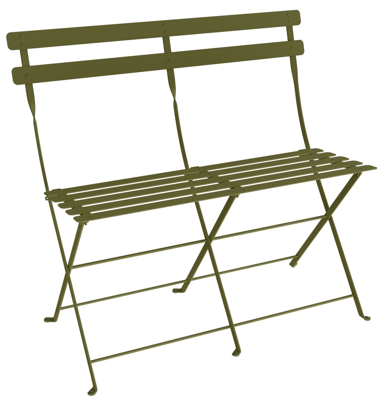 Grüne Bistro Klappbank für zwei Personen von Fermob, ideal für Garten, Balkon oder Terrasse.