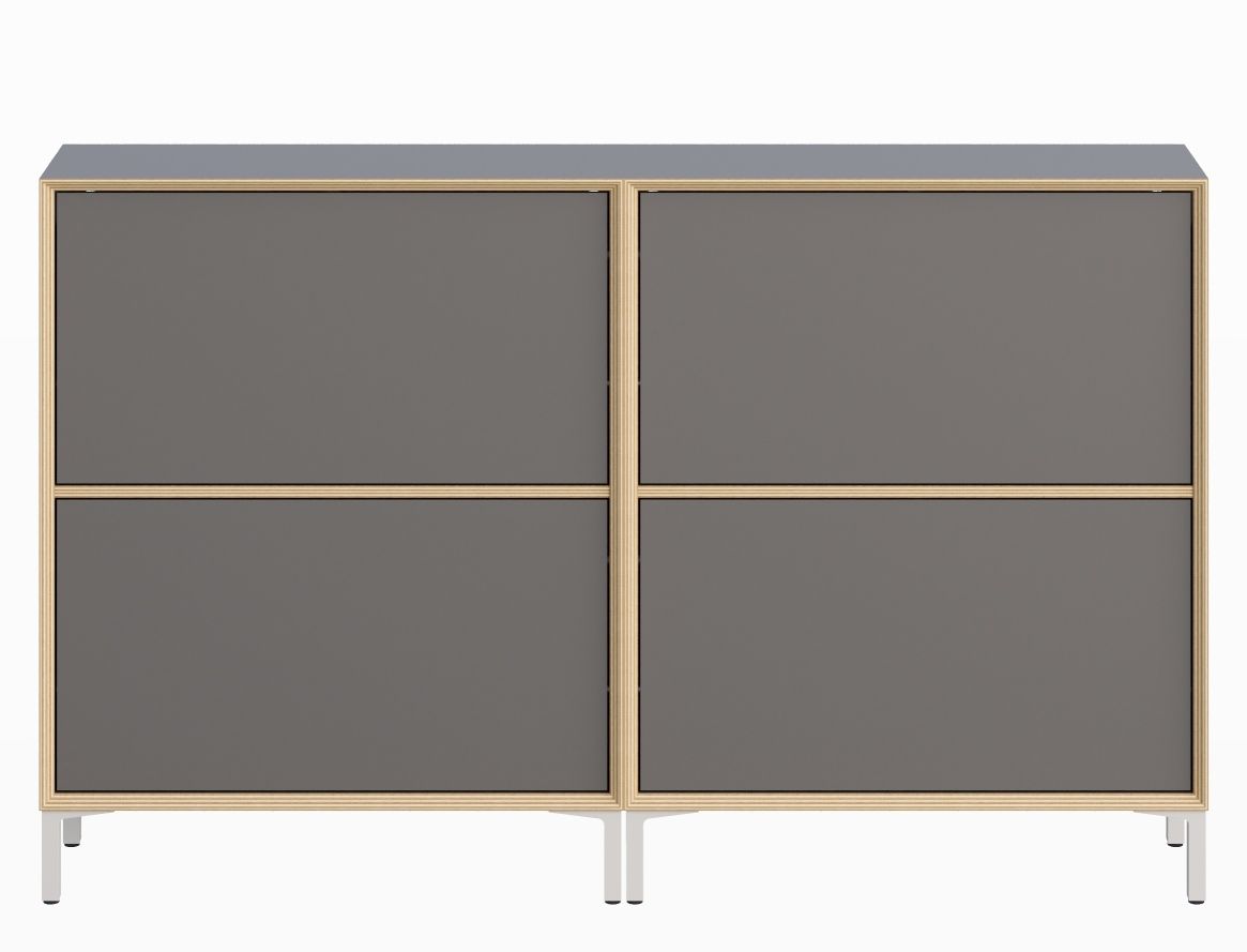 Vertiko Schuhschrank von Müller Möbelwerkstätten in Grau mit vier Fächern und hellem Holzrahmen.
