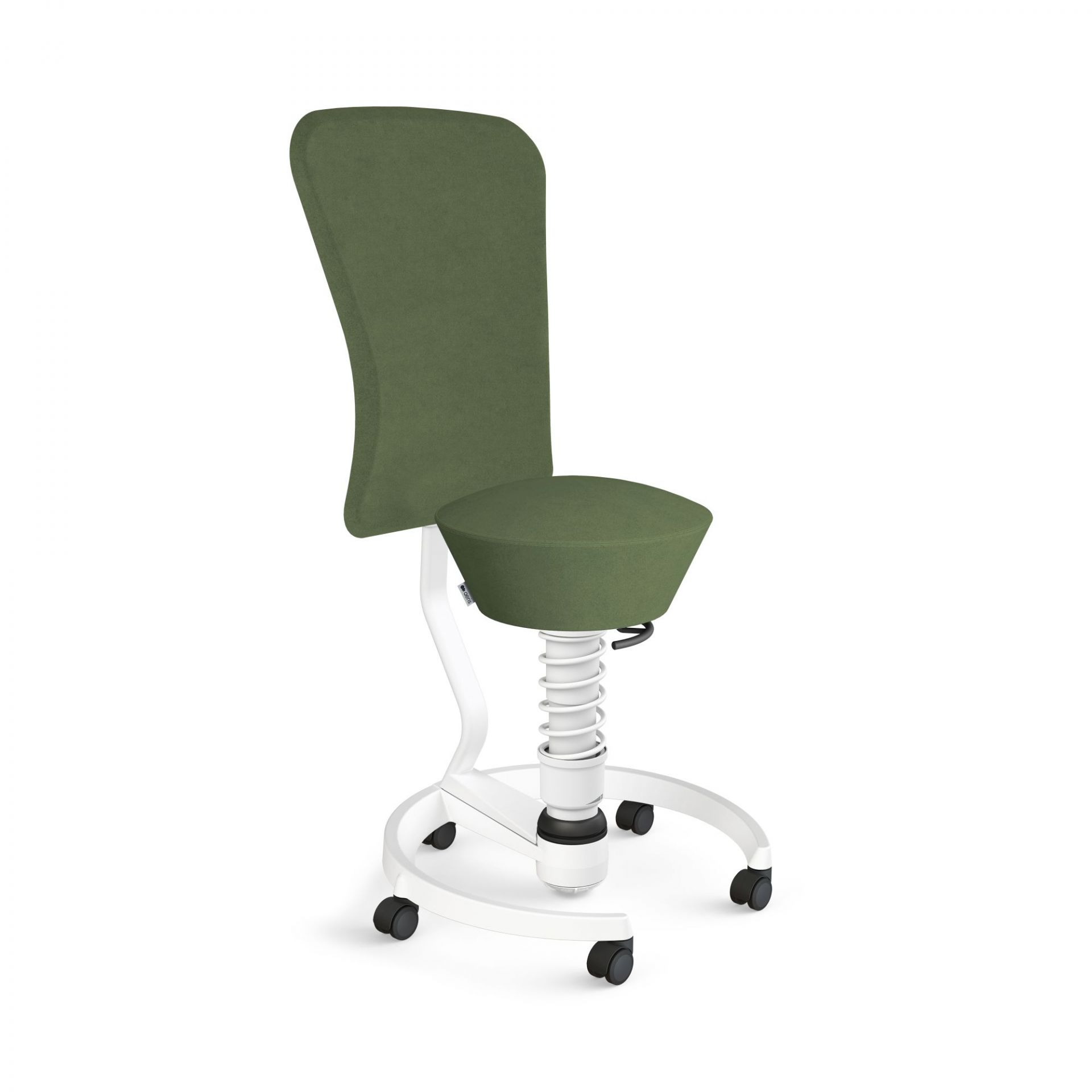 Ergonomischer Bürostuhl in Olivgrün mit Rückenlehne und Rollen für dynamisches Sitzen.