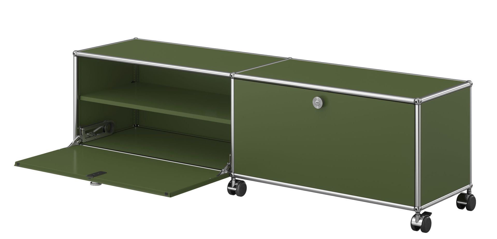 USM Haller tv-/hifi-lowboard M61 op wieltjes met 2 klapdeuren olijfgroen