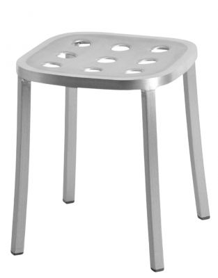 Silberner Emeco 1 Inch Hocker aus Aluminium mit quadratischer Sitzfläche und Löchern.
