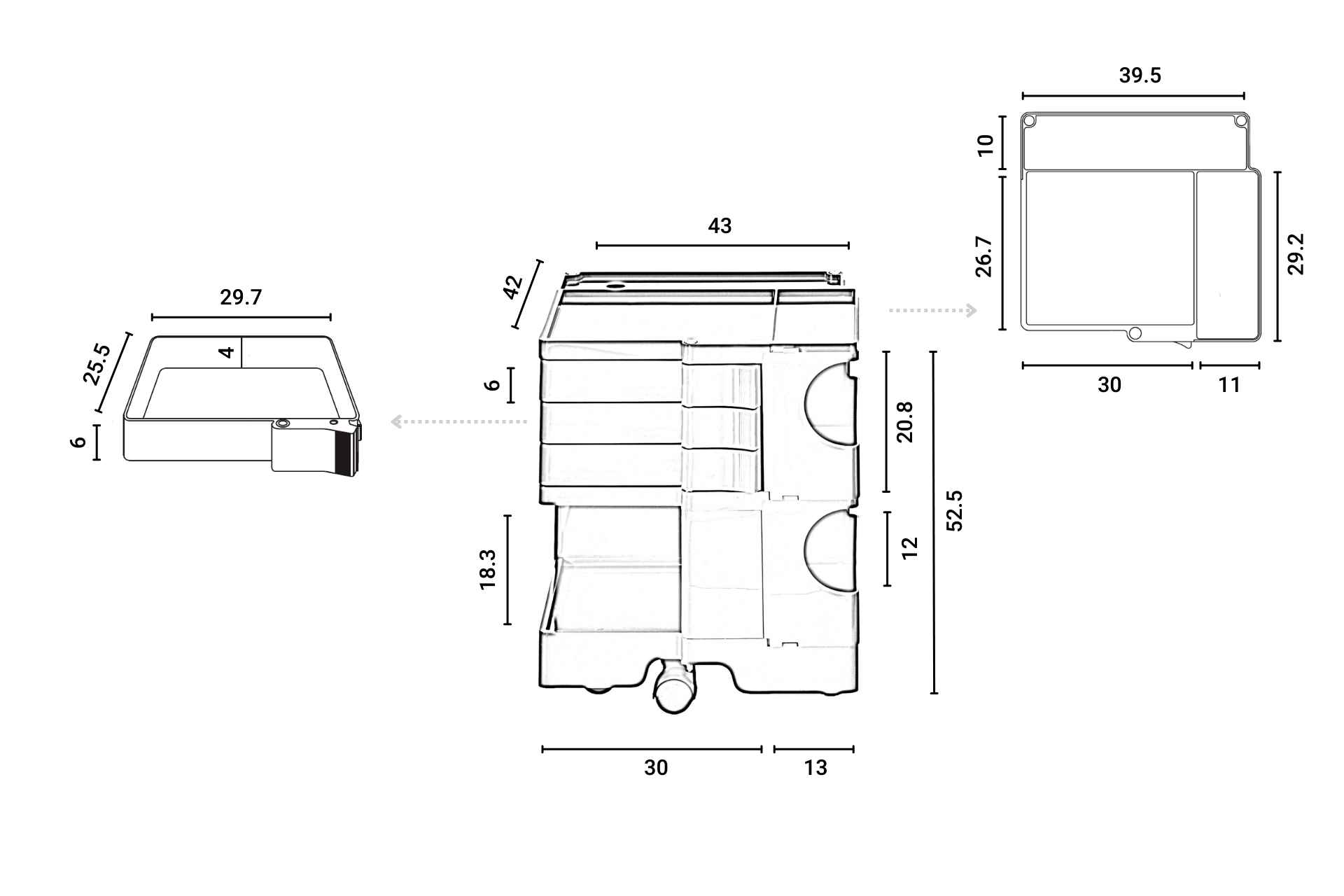 Maßzeichnung Boby B23 Rollcontainer: Technische Details und Abmessungen des Büro-Rollcontainers für optimale Büroorganisation.