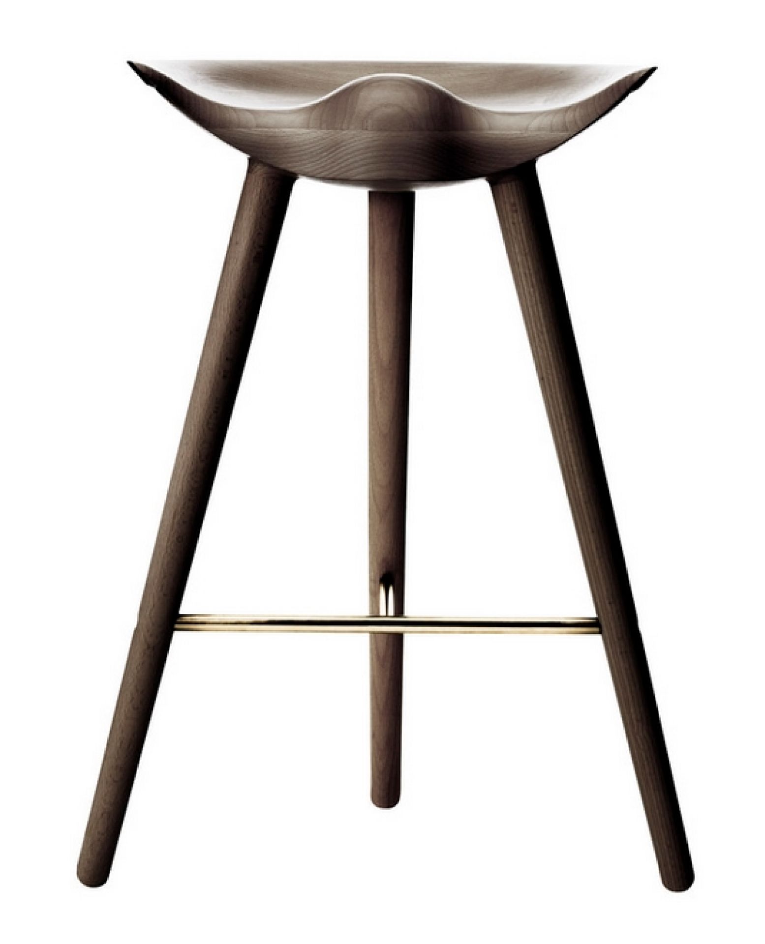 ML42 Thekenhocker Audo aus Holz mit drei Beinen und goldener Fußstütze, Frontansicht.