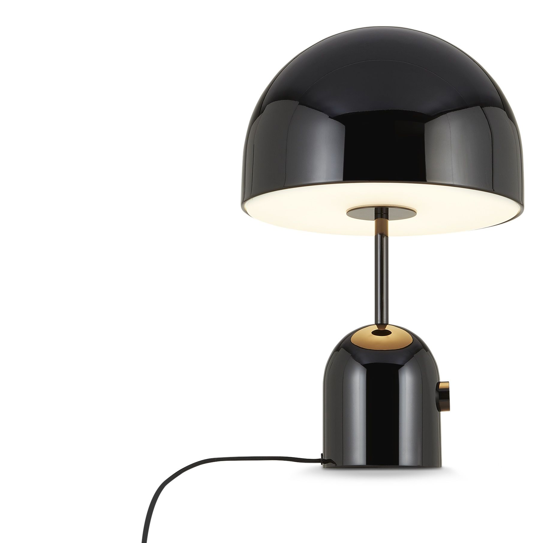 Schwarze Bell Tischleuchte von Tom Dixon mit LED-Beleuchtung und glänzendem Finish. Designlampe für Nachttisch oder Schreibtisch.
