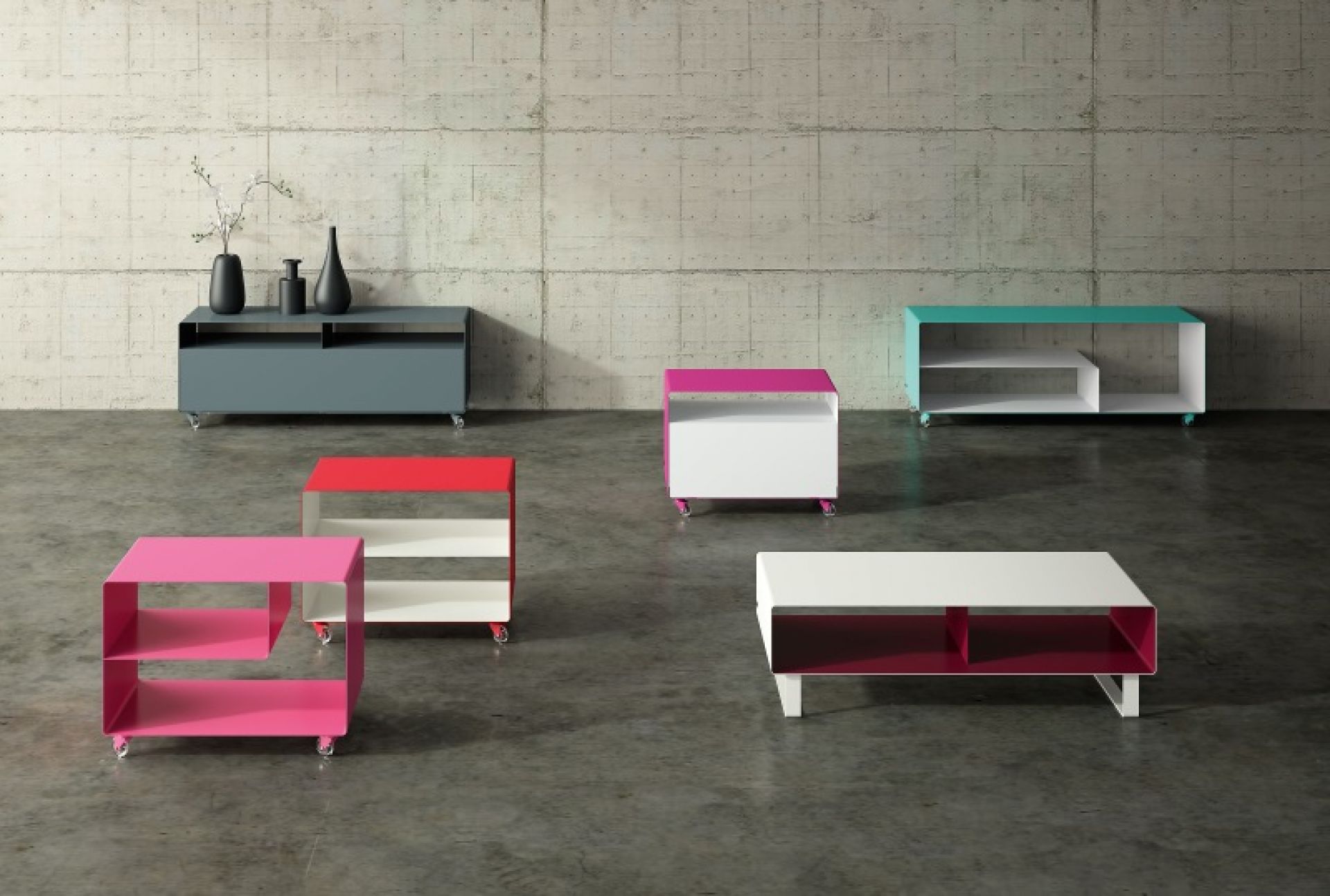 R 200N Mobile Line Sideboard von Müller Möbelfabrikation in verschiedenen Farben und Ausführungen. Metallmöbel mit Rollen.
