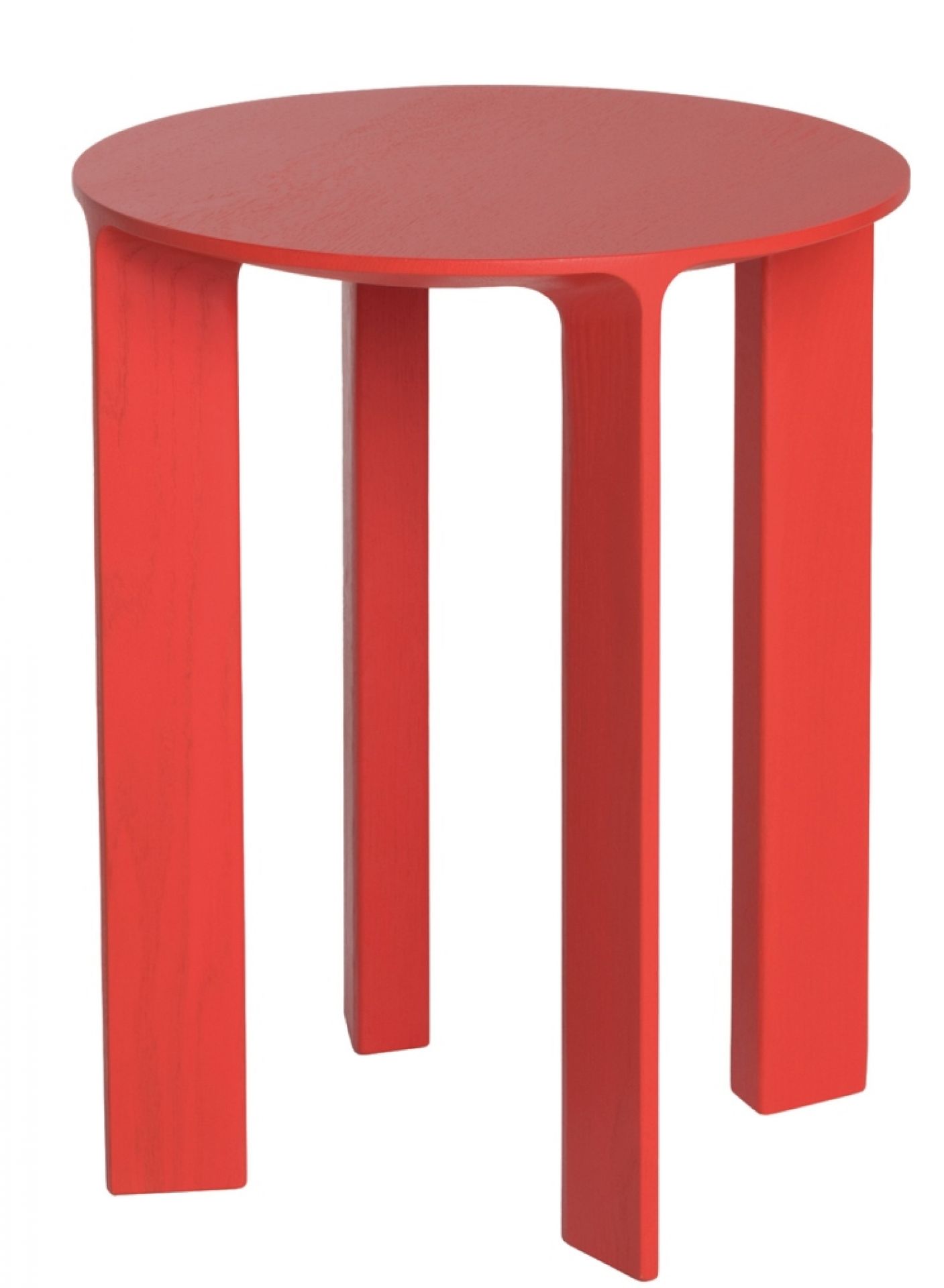 Roter Schönbuch Hocker Hans aus Holz mit runder Sitzfläche und drei Beinen.