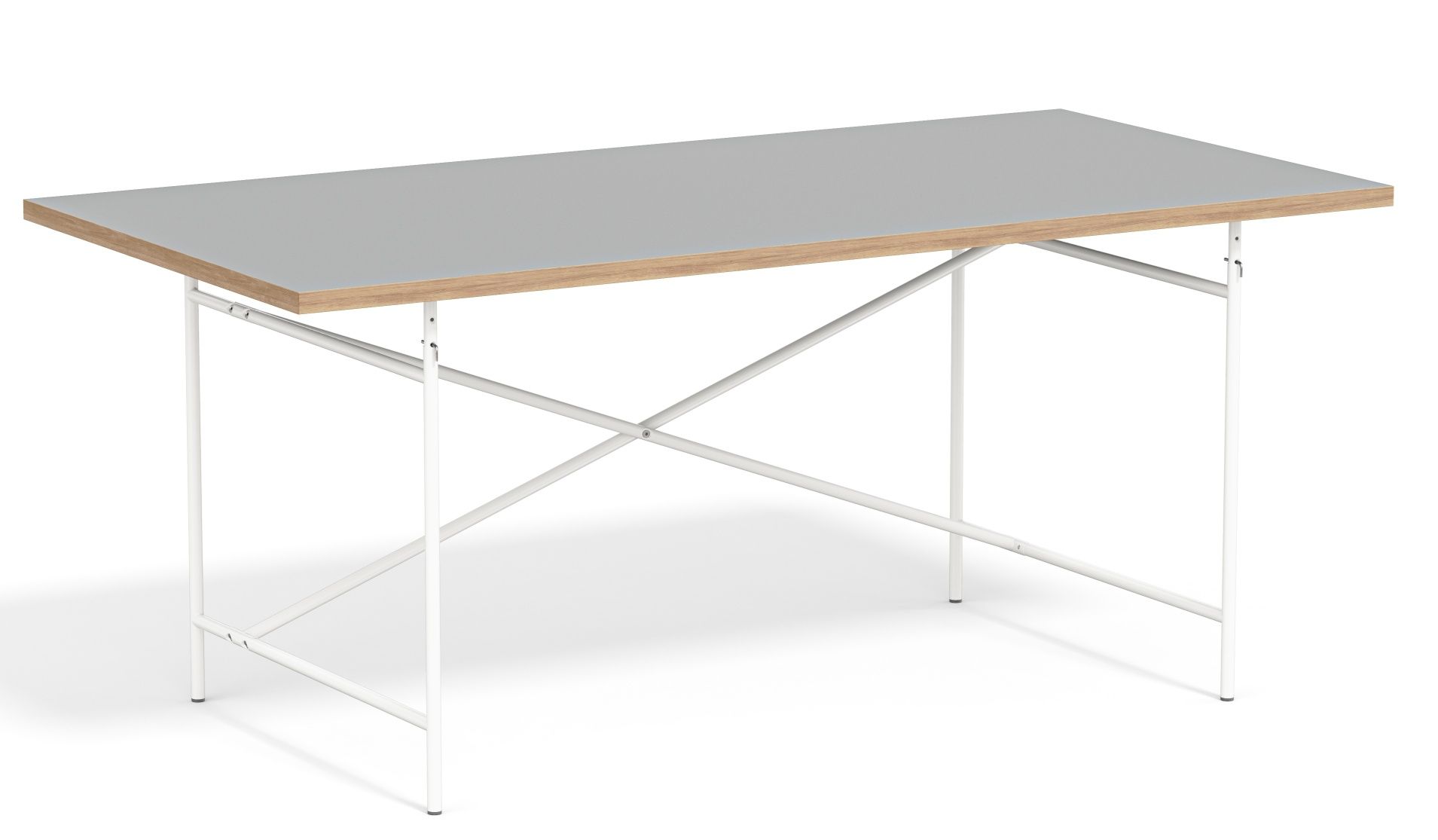 Eiermann Tisch mit grauer Tischplatte und weißem Gestell, ein moderner Schreibtisch für Büro und Zuhause.