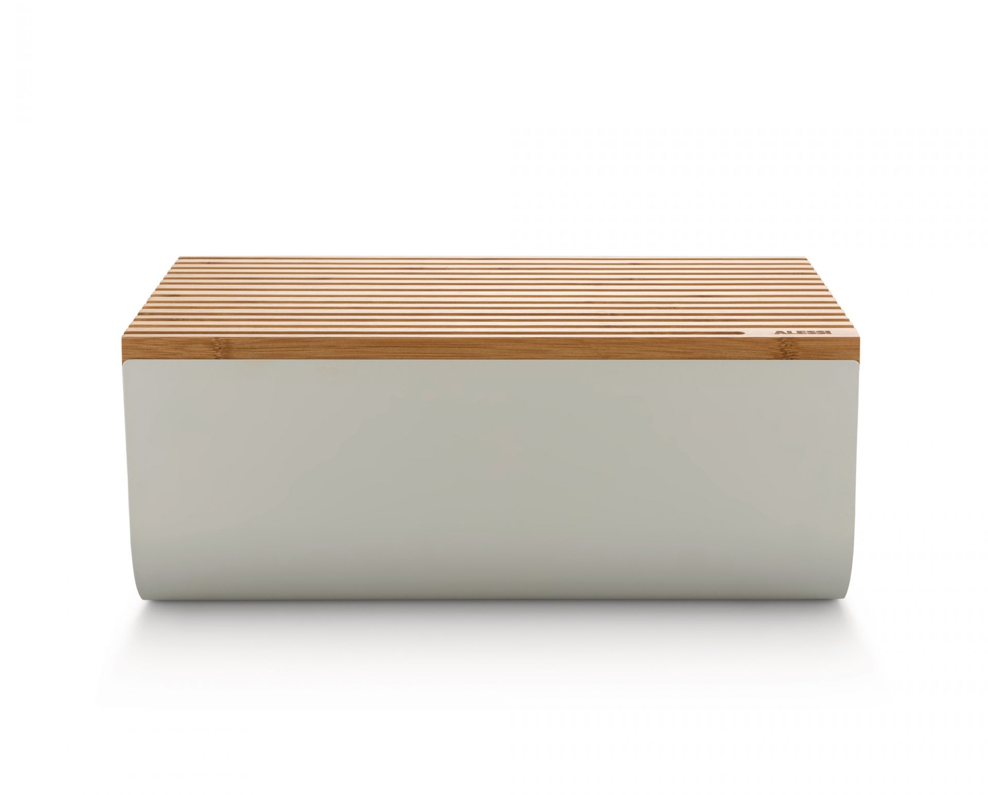 Alessi Brotkasten Mattina aus Stahl in Warm Grau mit Bambusdeckel.