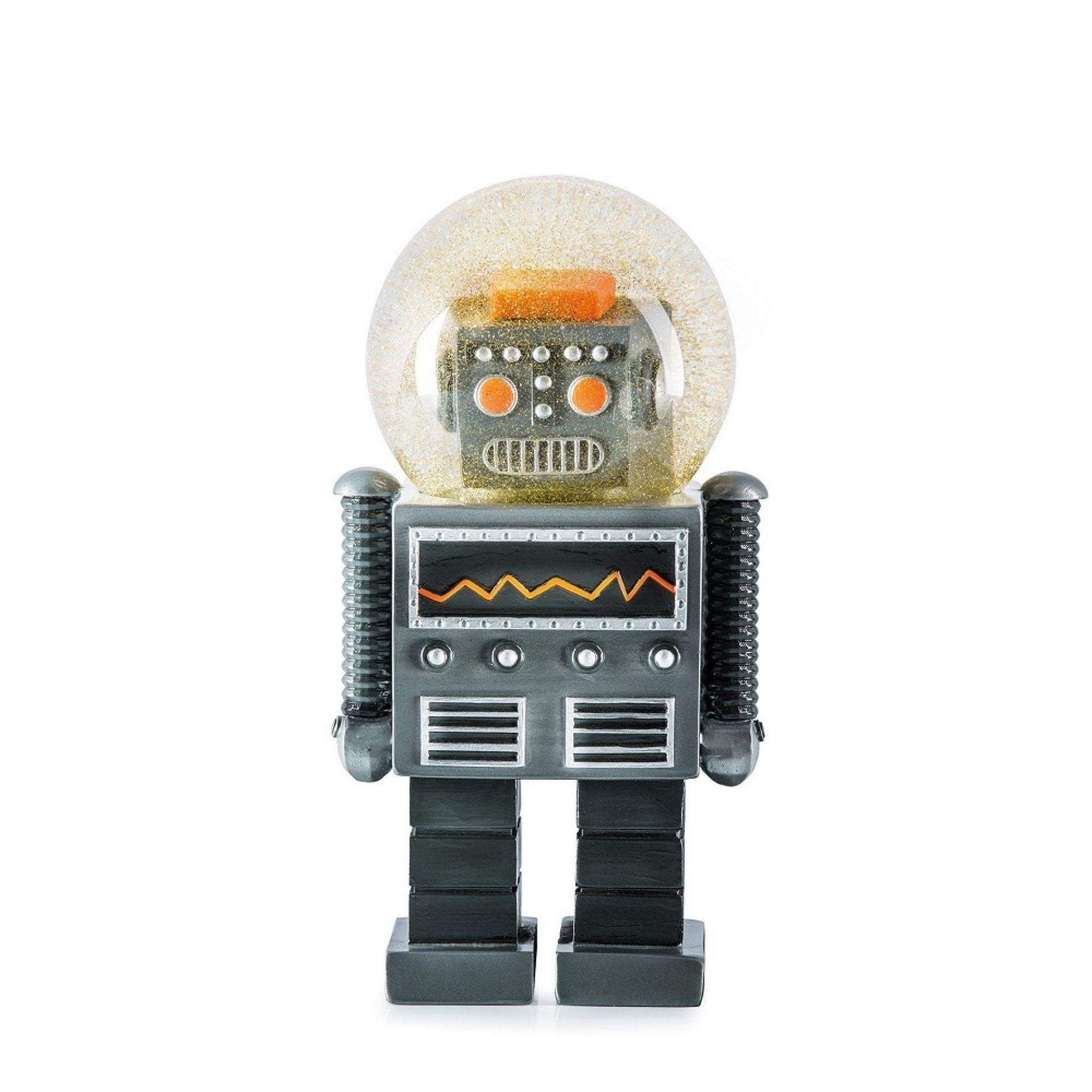 Summerglobe Glitzerkugel: Detailansicht des Giant Robot mit goldenem Glitzer im transparenten Kopf.