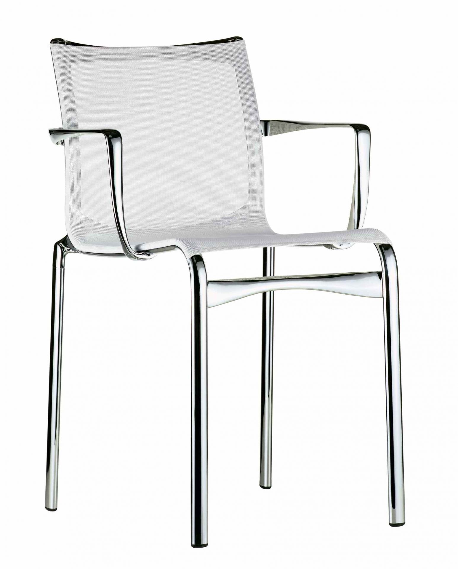 Bigframe Stuhl mit Armlehnen und weißem Netzgewebe, verchromtes Stahlgestell, moderner Bürostuhl.