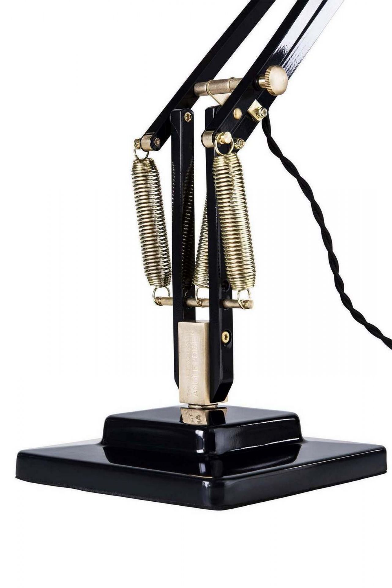 Detailaufnahme der Original 1227 Anglepoise Tischleuchte aus Messing mit schwarzem Gestell und Federn.