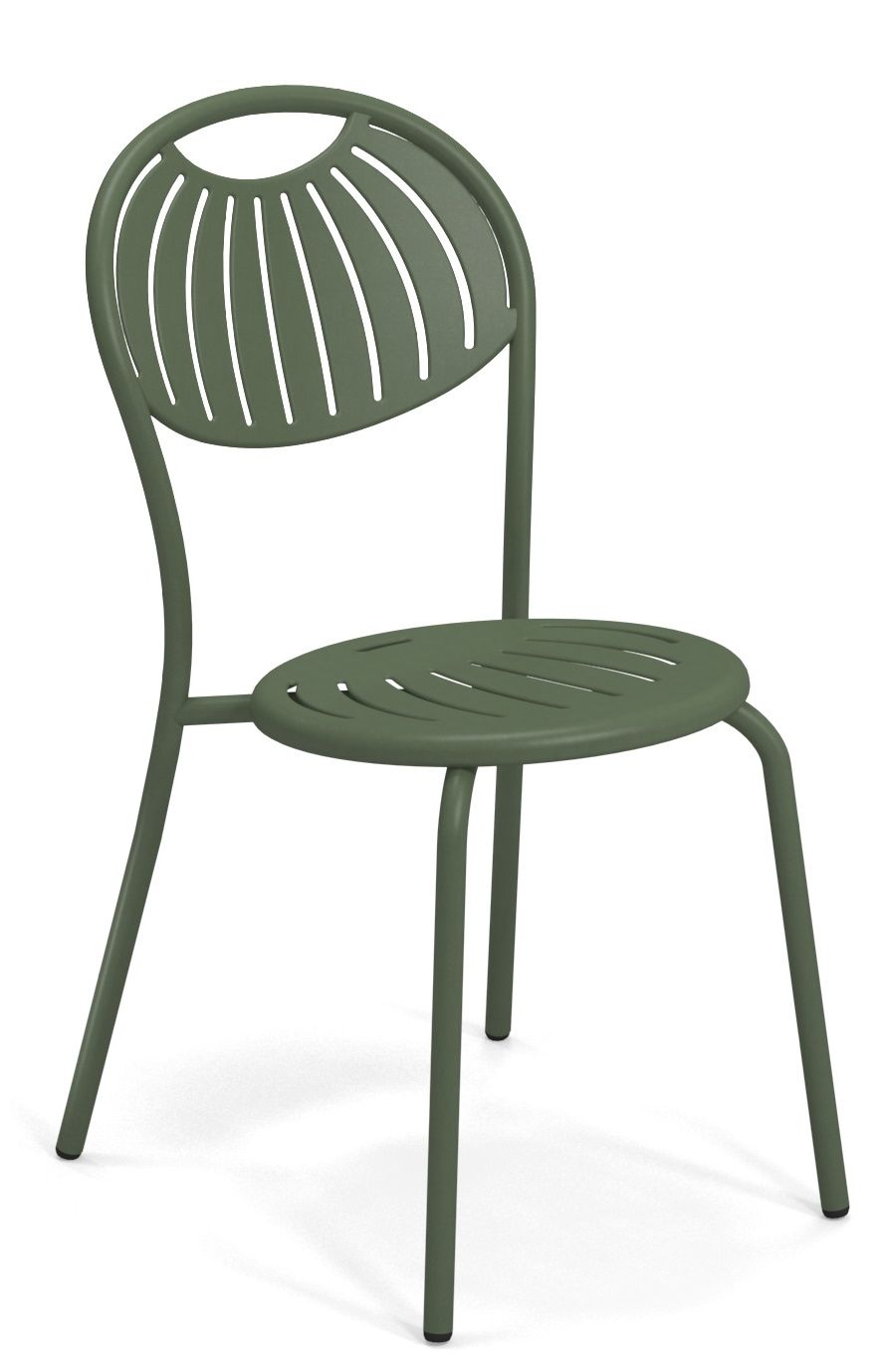 Emu Coupole Stuhl Outdoor in Olivgrün, moderner Gartenstuhl mit Stahlgestell und filigranem Design.