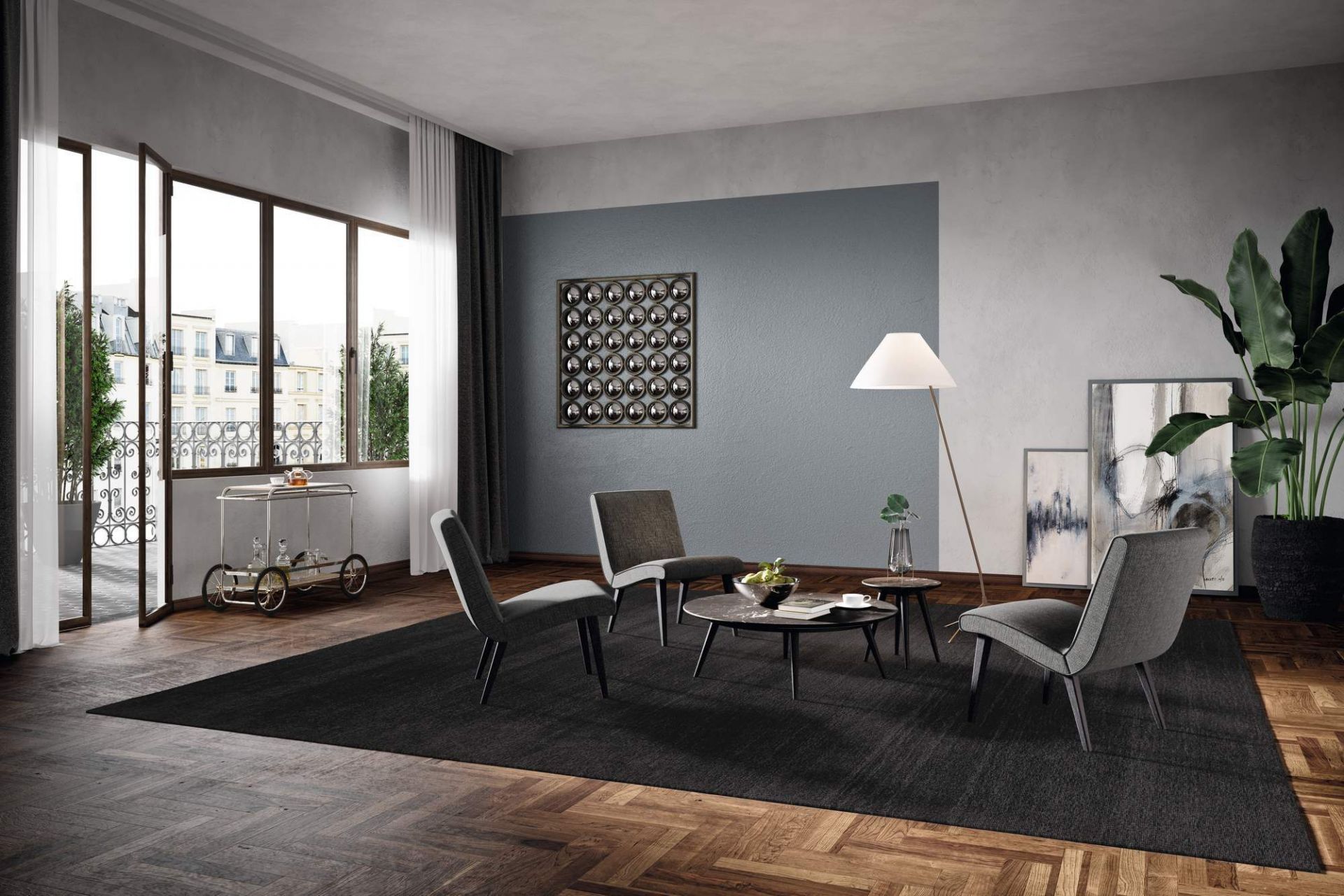 Moderner Wohnraum mit dunklem Legends of Carpets Teppich, Walter Knoll Möbeln und Parkettboden.