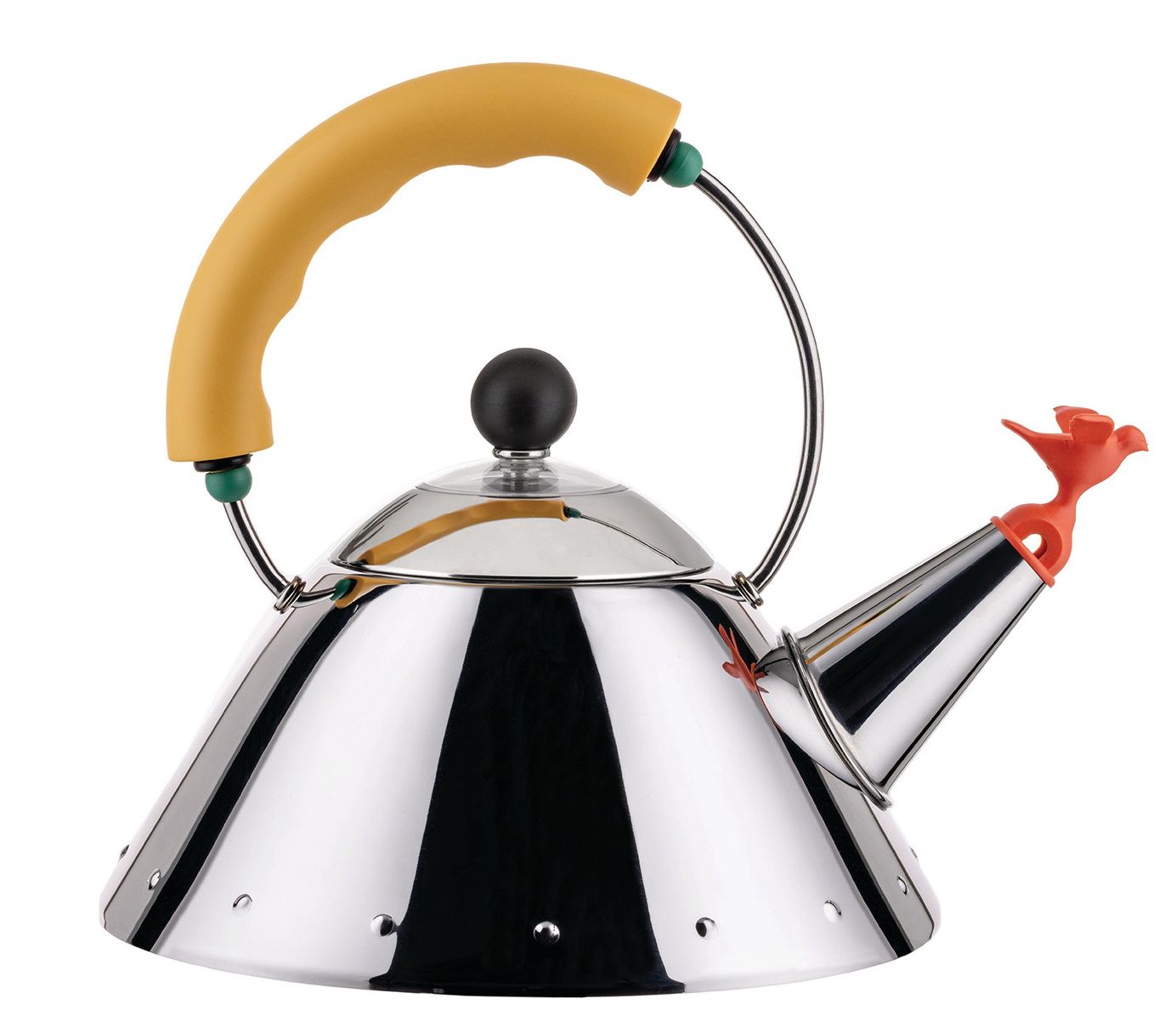 Alessi Wasserkessel 9093/1 Y mit gelbem Griff und Vogelpfeife, Edelstahl, modernes Küchendesign.