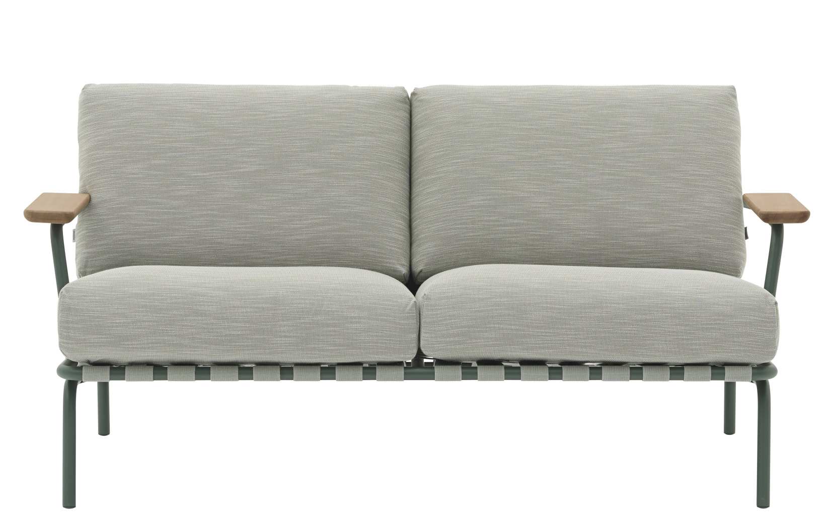 Muuto Settle Sofa: Graues 2-Sitzer Outdoor Sofa mit Holzarmlehnen und modernem Design für Garten und Terrasse.