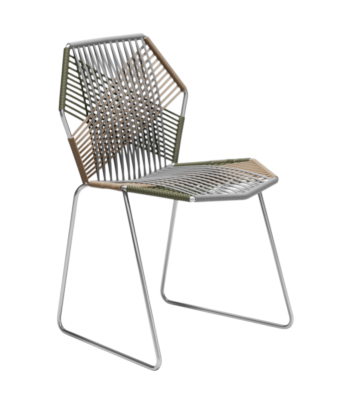 Tropicalia TR0 Stuhl von Moroso, Indoor Stuhl mit Stahlgestell und geflochtener Sitzfläche in Beige, Grün und Grau.