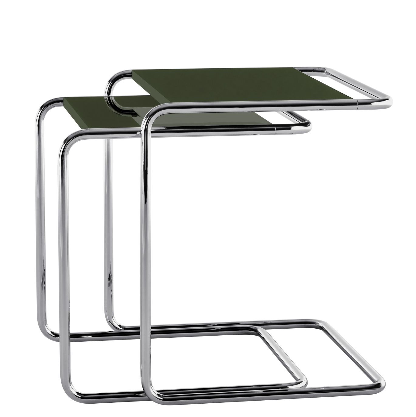 JS. Thonet B97 Beistelltisch von Jil Sander, zwei Tische aus verchromtem Stahlrohr mit grüner Tischplatte.