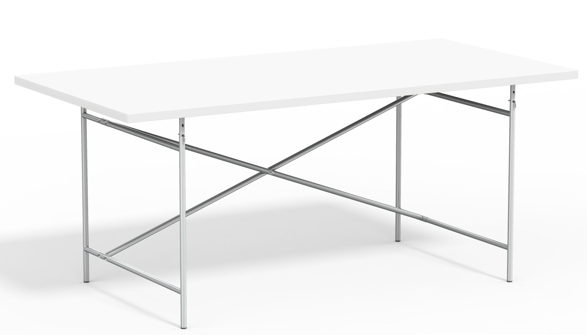 Eiermann Tisch mit weißer Tischplatte und verchromtem Stahlgestell, Designklassiker für Büro und Wohnraum.