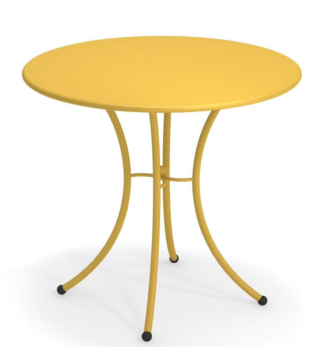 Gelber Pigalle Tisch rund von Emu für den Außenbereich, Gartentisch mit filigranem Metallgestell.