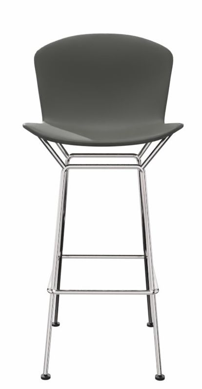 Bertoia Barhocker von Knoll International mit grauem Kunststoffsitz und verchromtem Stahlgestell.