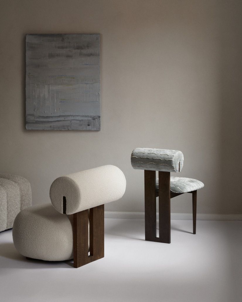 Hippo Lounge Chair Sessel von NORR11, gepolstert mit Bouclé und Samt, modernes Möbeldesign für Wohnzimmer und Lounge.