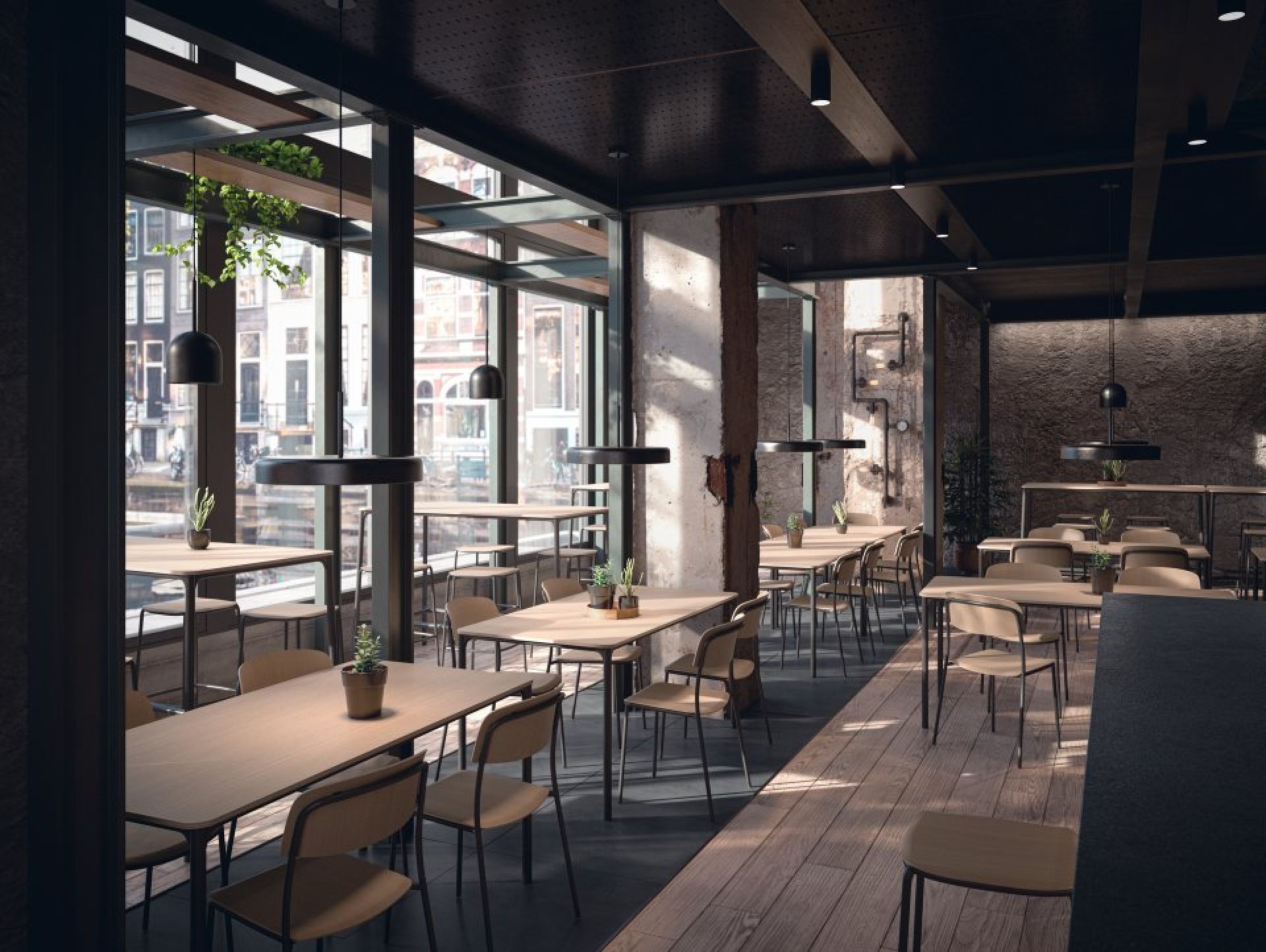 Innenansicht eines Restaurants mit Tischen und Stühlen, darunter der Brunner Nate S Barhocker mit Holzoberfläche.