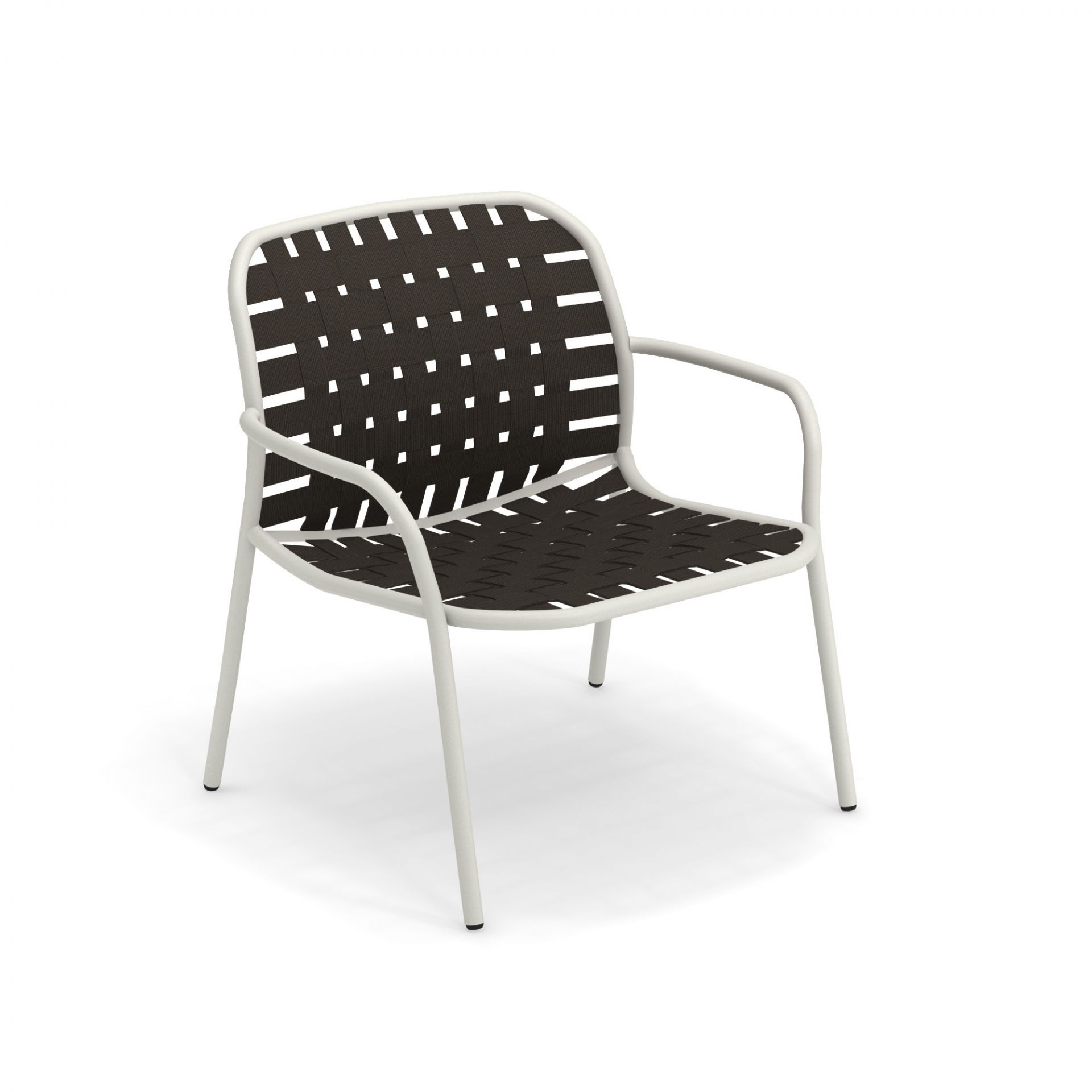 Yard Lounge Chair Sessel von Emu mit Armlehnen und brauner Sitzfläche aus elastischen Riemen.