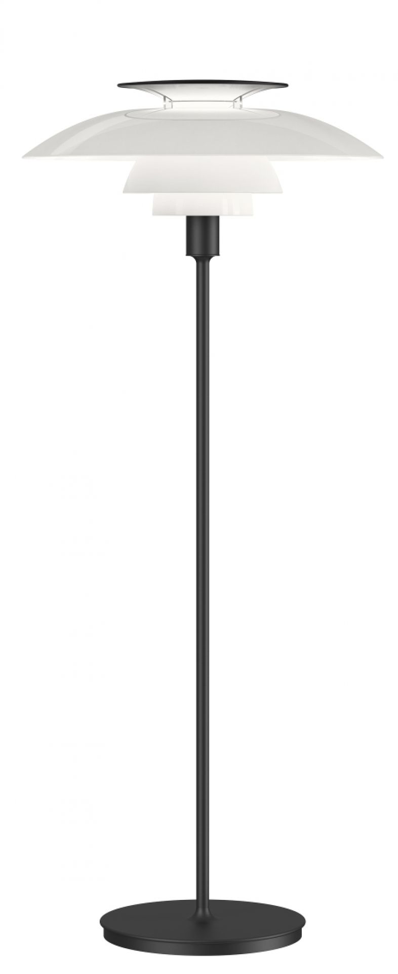 Schwarze PH 80 Stehleuchte von Louis Poulsen mit weißen Lampenschirmen für indirektes Licht.