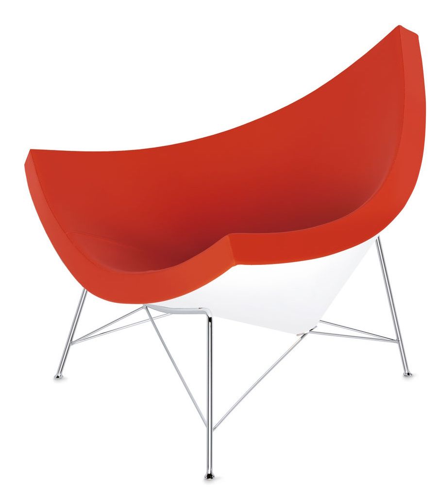 Vitra Coconut Chair in Rot-Weiß mit verchromten Beinen, moderner Sessel für Wohnzimmer und Büro.