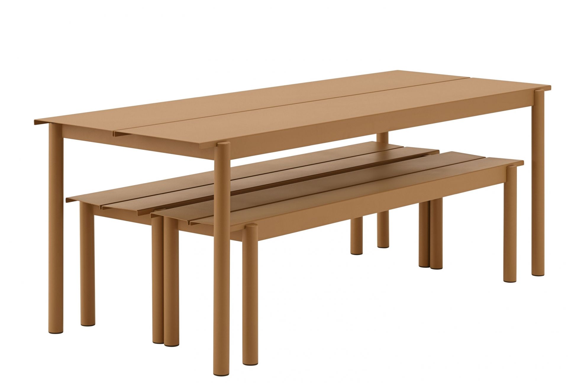 Muuto Linear Steel Outdoor Tisch in Grau mit passender Bank für Garten und Terrasse.