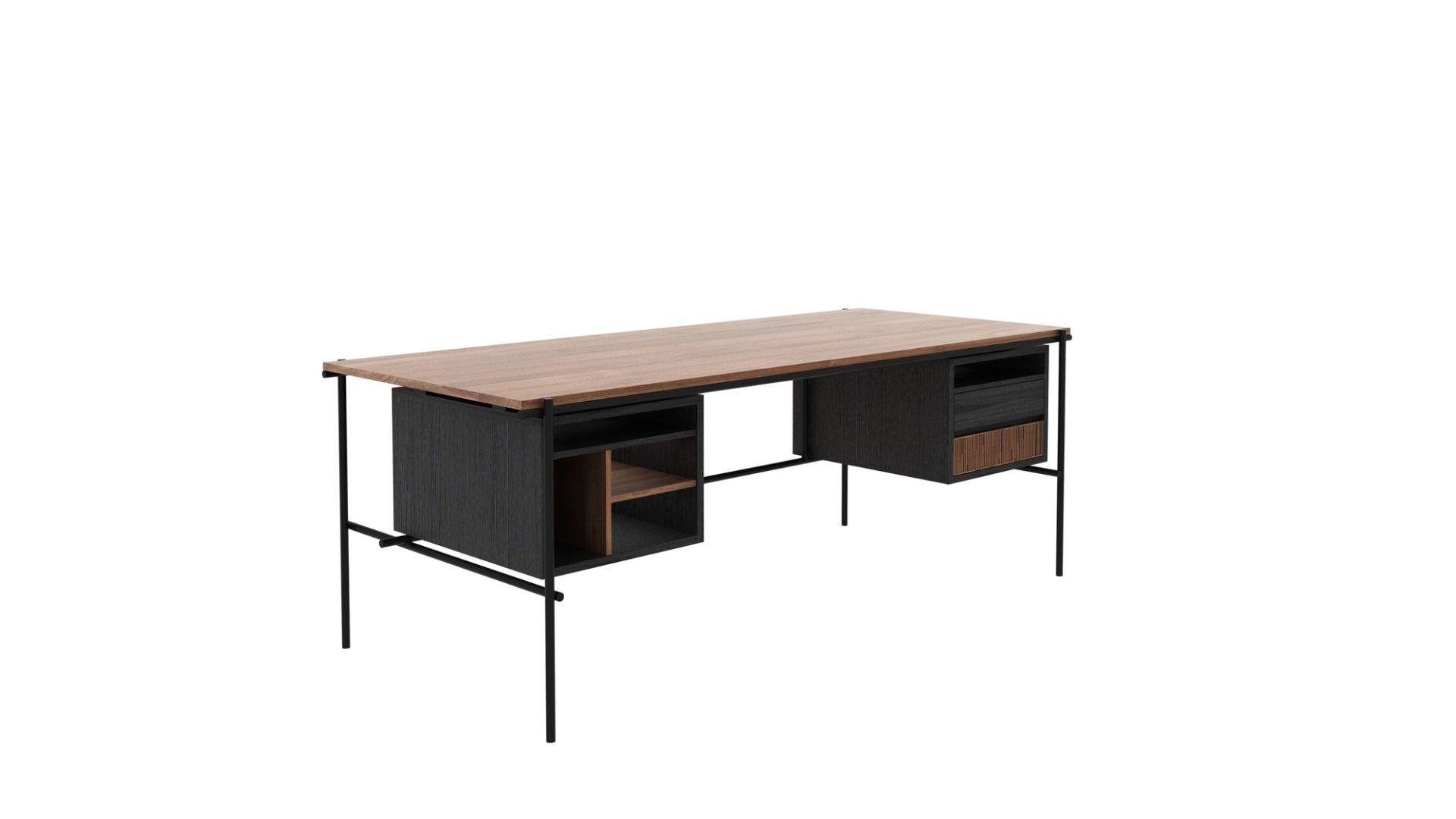 Oscar Schreibtisch von Ethnicraft mit zwei Schubladen, Holzplatte und schwarzem Gestell. Büromöbel für Arbeitszimmer.