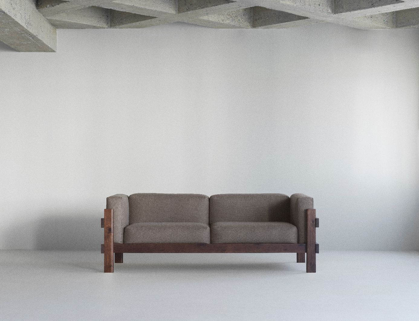 Kube Sofa von Normann Copenhagen, modernes 2-Sitzer Sofa mit braunem Stoffbezug und Holzrahmen.