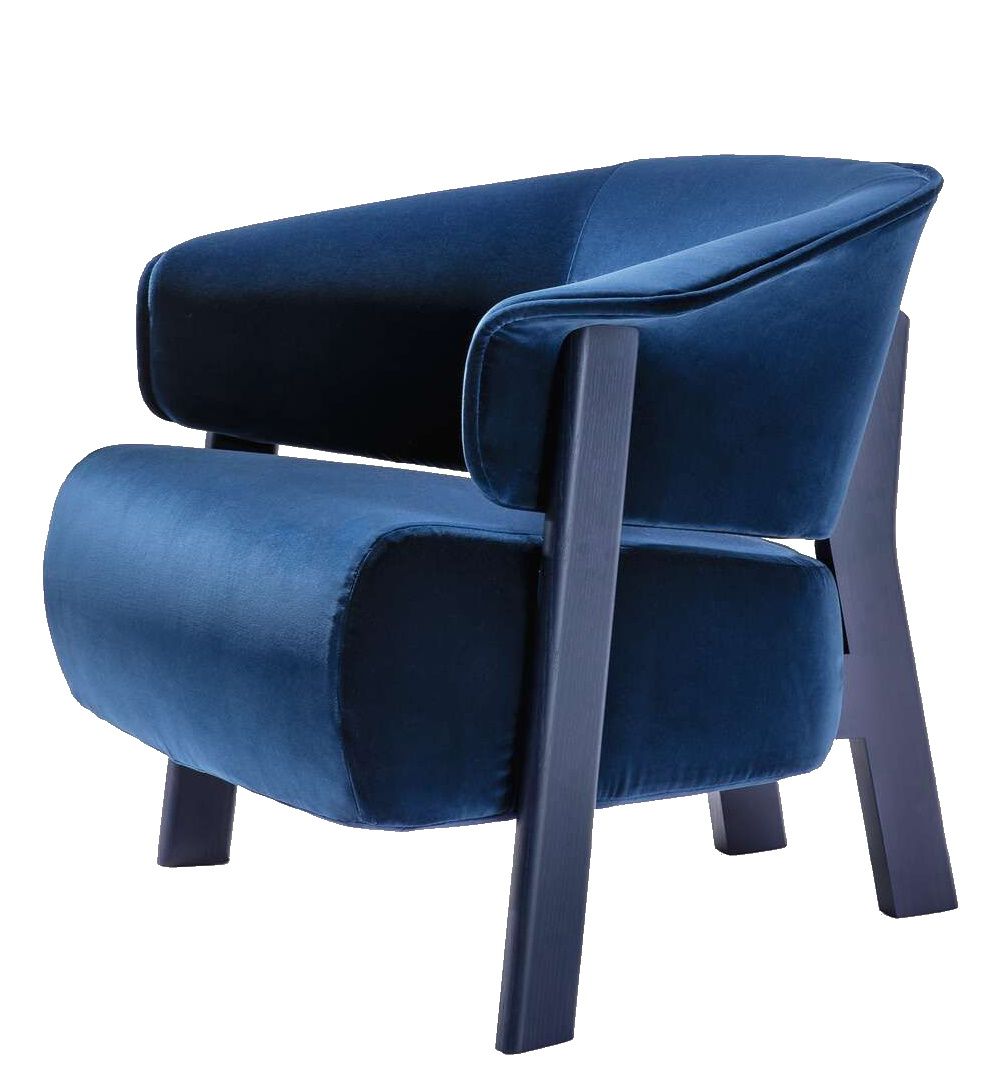 Blauer Back-Wing Sessel von Cassina mit Holzgestell, moderner Design Sessel für Wohnzimmer.
