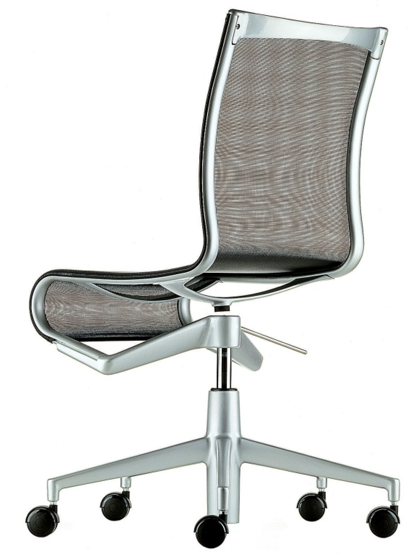 Rollingframe Bürodrehstuhl mit Netzrückenlehne und silberfarbenem Gestell, ergonomischer Bürostuhl für komfortables Sitzen.