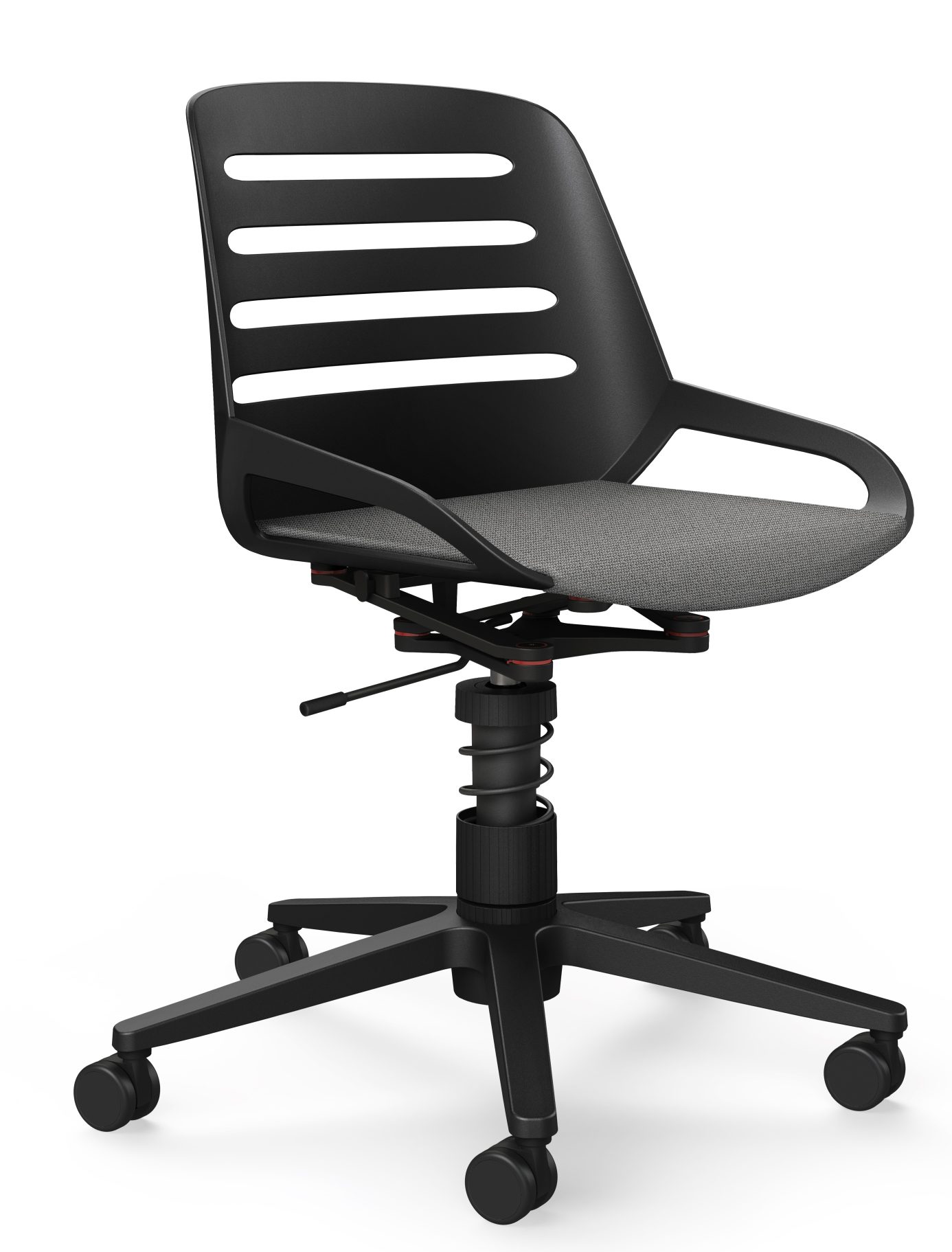 Numo Task Bürodrehstuhl von Aeris in Schwarz mit Rollen und grauem Sitzpolster.