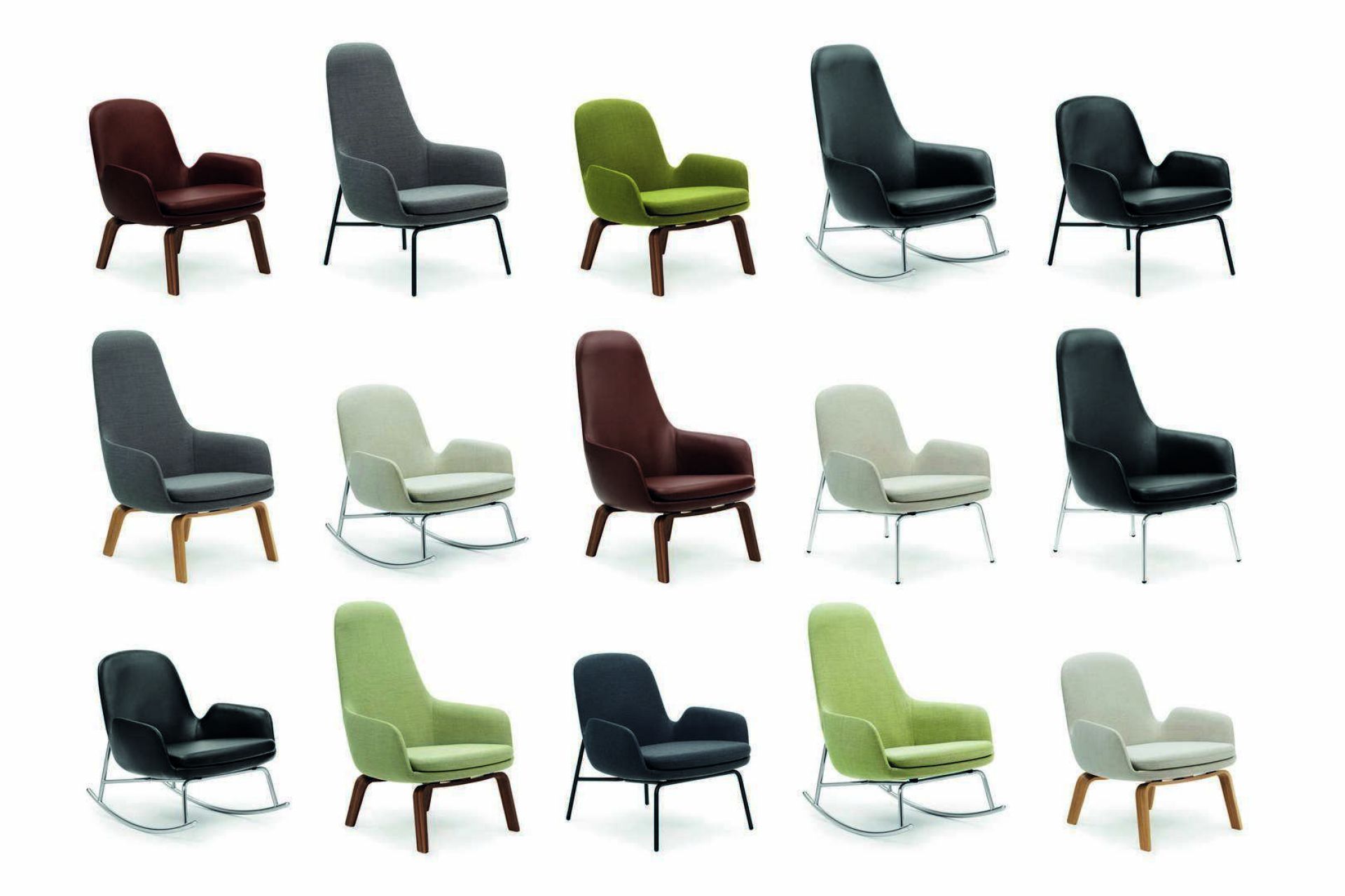 Vielfalt an Era Lounge Sesseln niedrig von Normann Copenhagen in verschiedenen Farben und Gestellvarianten.