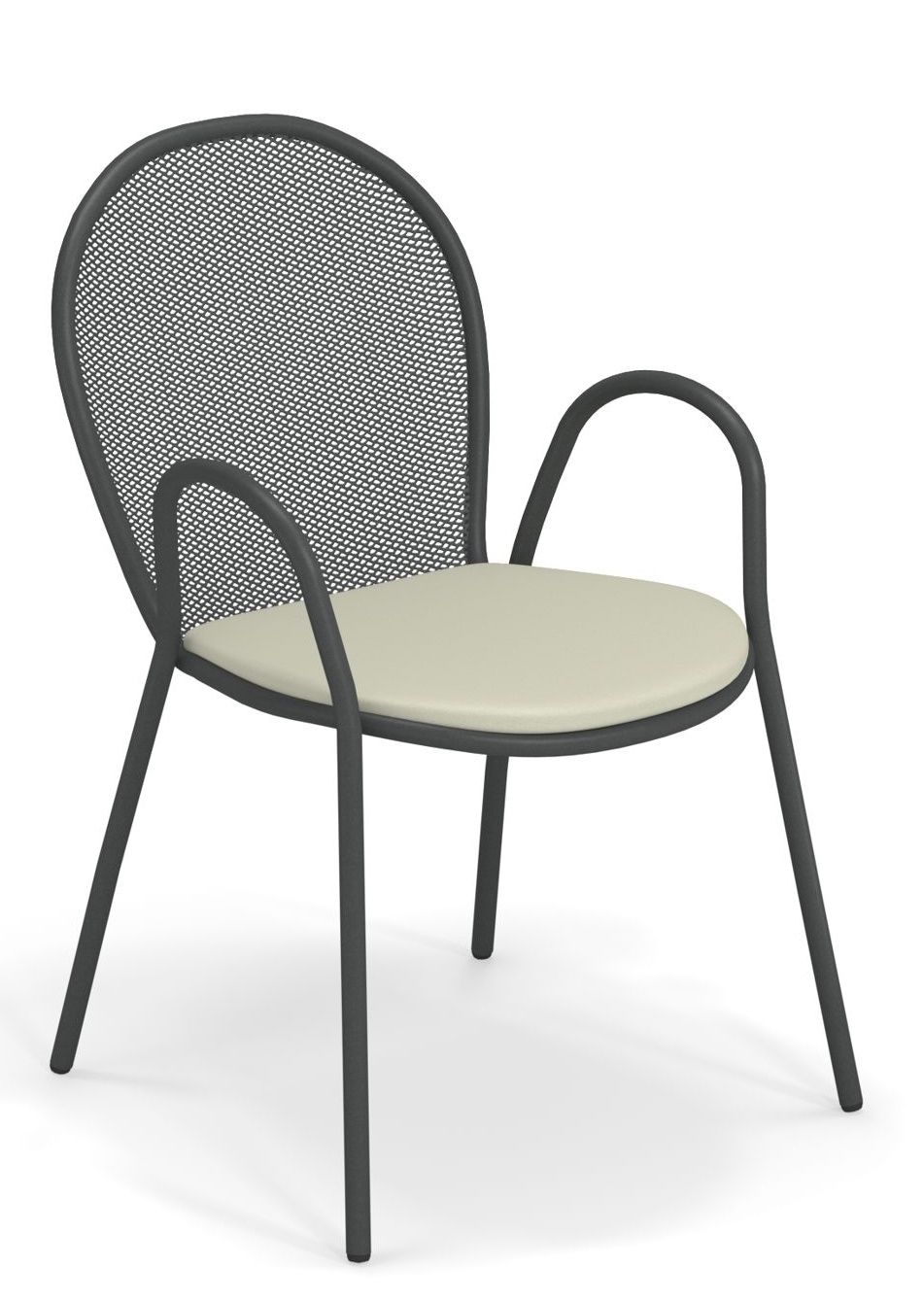 Ronda Stuhl von Emu für den Außenbereich, anthrazitfarbenes Metallgestell mit Sitzkissen in Creme.