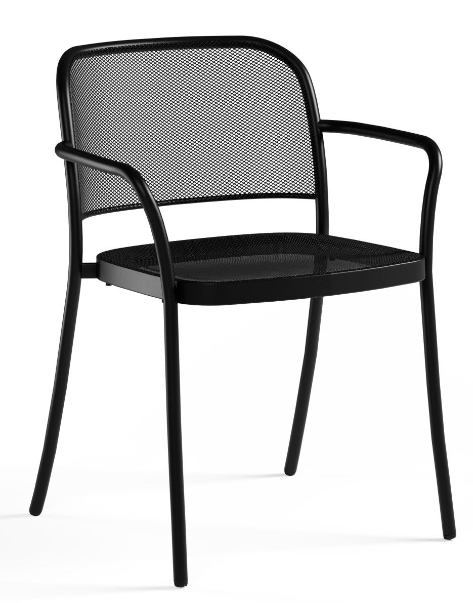 Schwarzer Cafè Armchair von Emu für den Außenbereich mit Armlehnen und filigranem Metallgitter auf Sitzfläche und Rückenlehne.