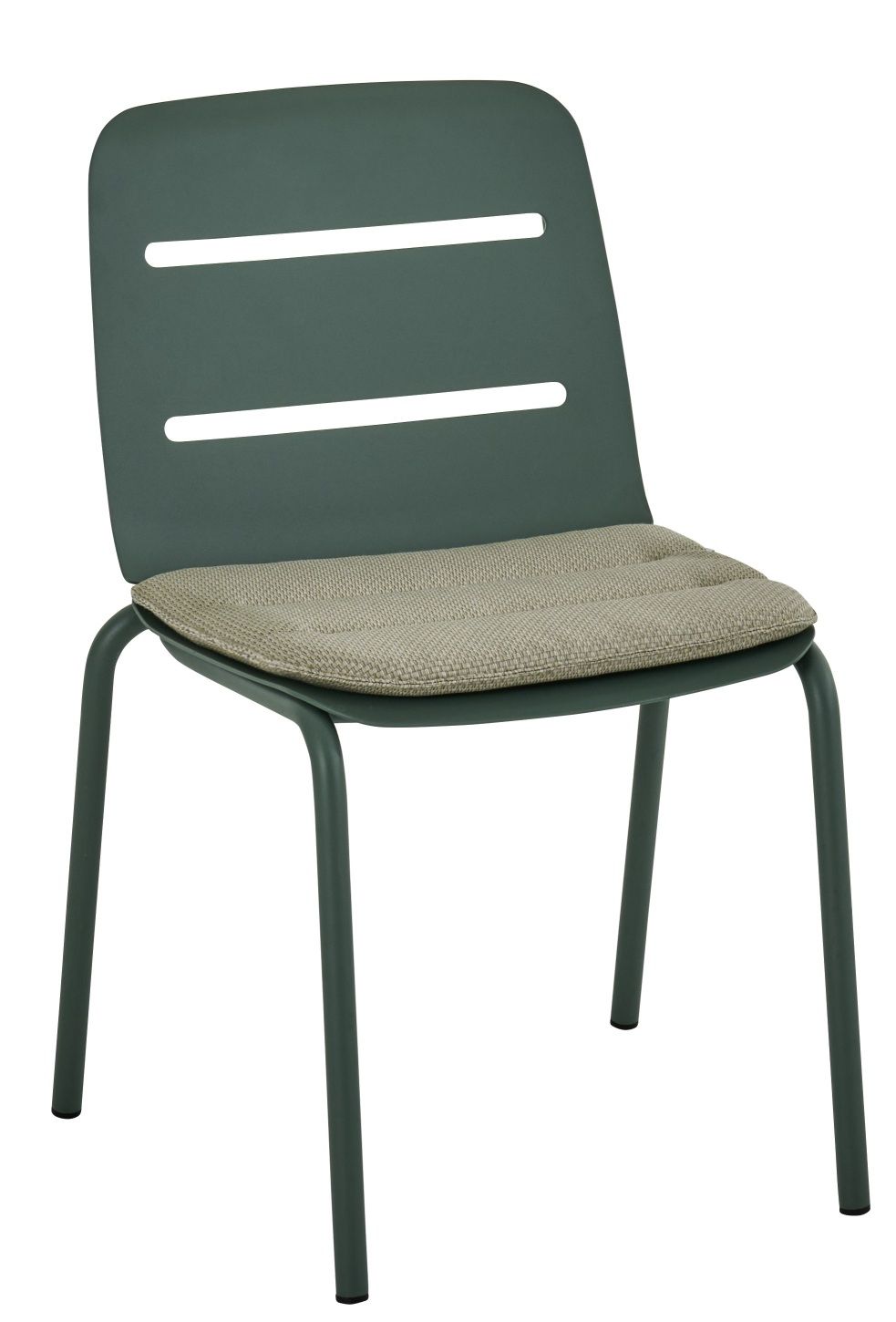 Weishäupl Vapio Stuhl für den Außenbereich, grünes Metallgestell mit beigem Sitzkissen, Gartenstuhl für Terrasse.