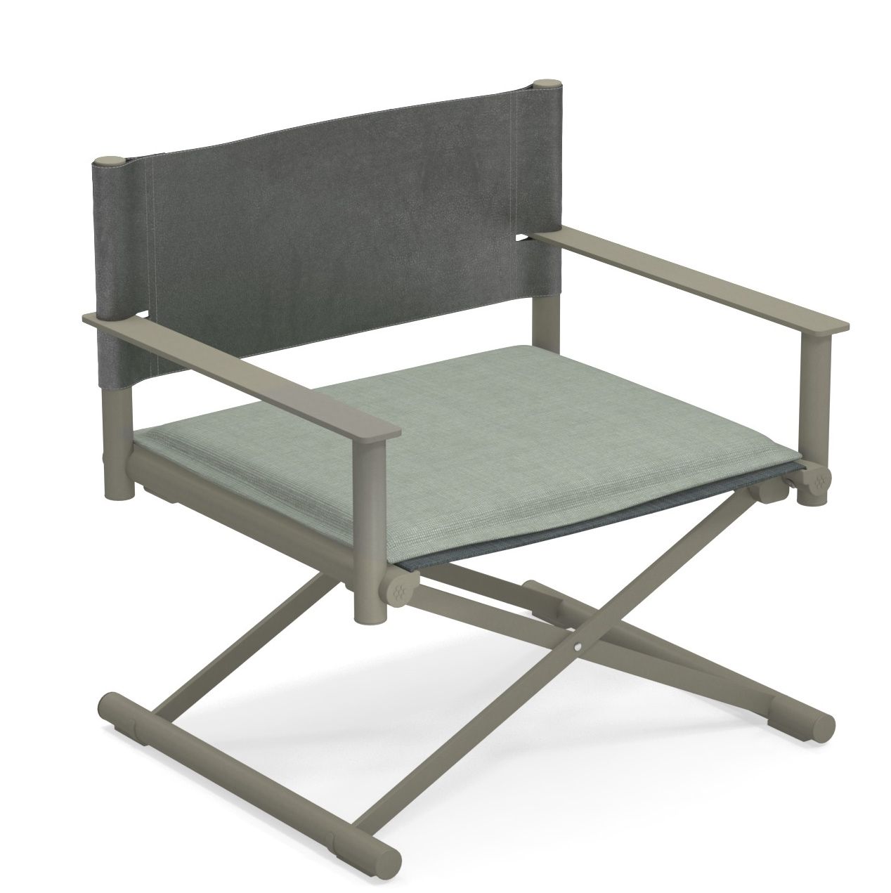 Terra Lounge Chair Sessel Outdoor Emu mit grauem Stoffbezug und Gestell, ideal für Garten und Terrasse.
