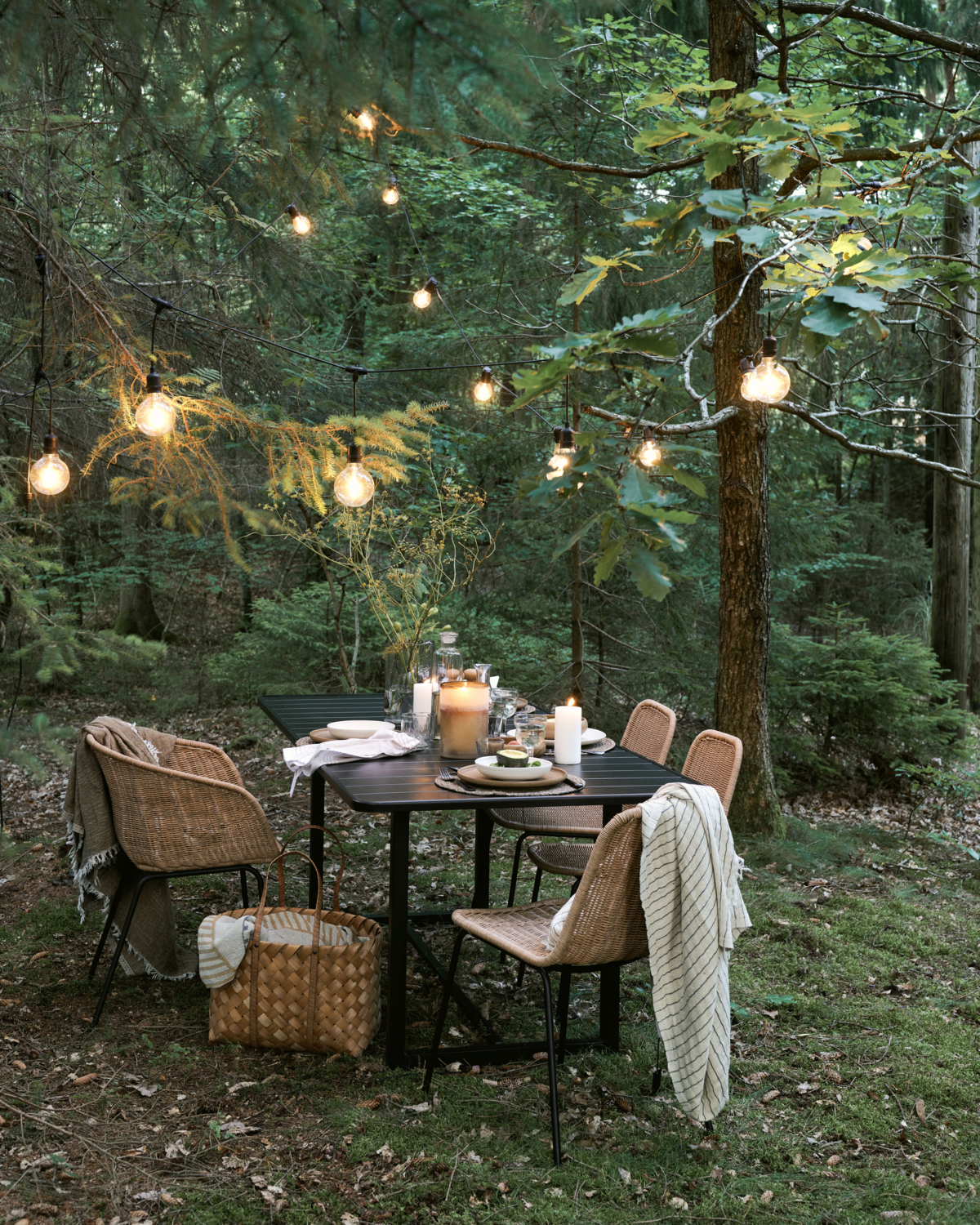 HDHapur Stuhl aus Rattan, geeignet für drinnen und draußen, mit Esstisch im Wald.