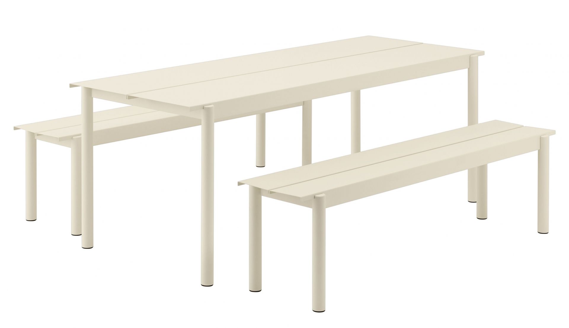 Muuto Linear Steel Bank in Off-White, moderne Outdoor Sitzbank aus Stahl für Garten und Terrasse.