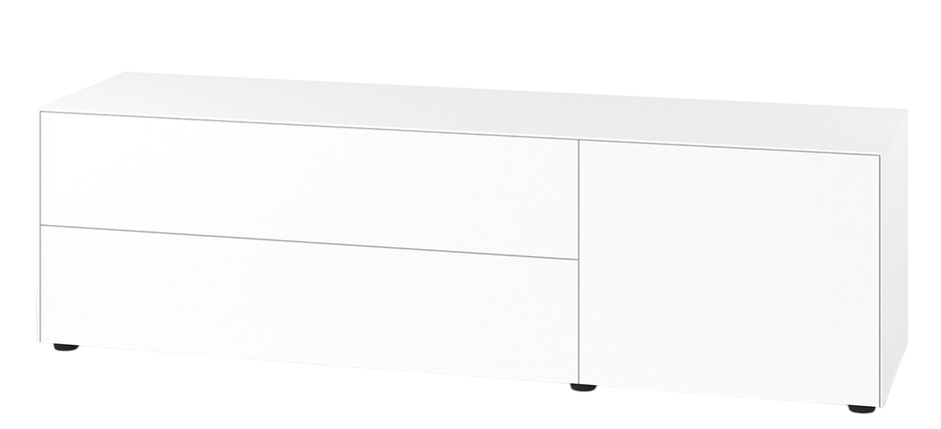 Weißes Nex Pur Box Lowboard von Piure mit Schubladen und Tür für modernes Wohnzimmerdesign.