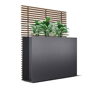 Sotomon Pflanzgefäß von Conmoto, ein grauer, rechteckiger Blumenkasten mit grünen Pflanzen vor einem Holzhintergrund.